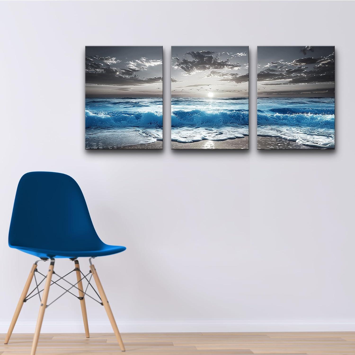 SERIMINO Beach Canvas Wall Art for Living Room, Blue Coastal Wall Decor for Bedroom, Seaside Pictures for Bathroom Wall Decoration, Ocean Painting Set for Office, Home Decor for Wall