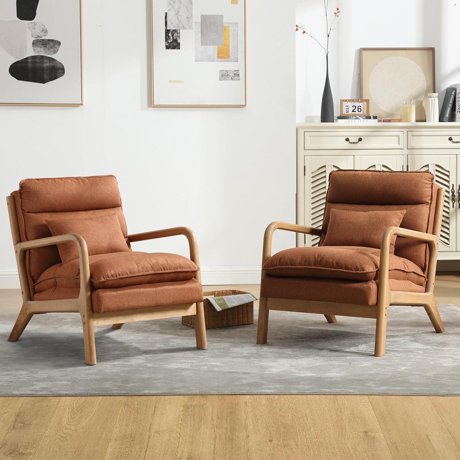 Karl home Accent Chairs Set of 2, Mid-Century Modern Chair with Pillow Upholstered Lounge Arm Chair with Solid Wood Frame & Soft Cushion for Living Room, Bedroom, Balcony, Beige