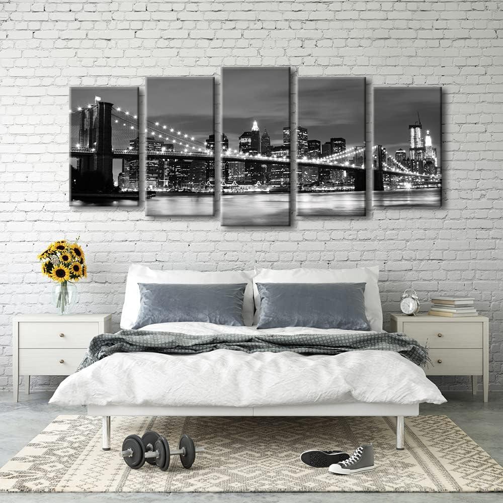 Wieco Art Large Brooklyn Bridge Night View Modern Giclee Canvas Prints Artwork Landscape Pictures to Photo Paintings on Stretched and Framed Canvas Wall Art for Home Decorations