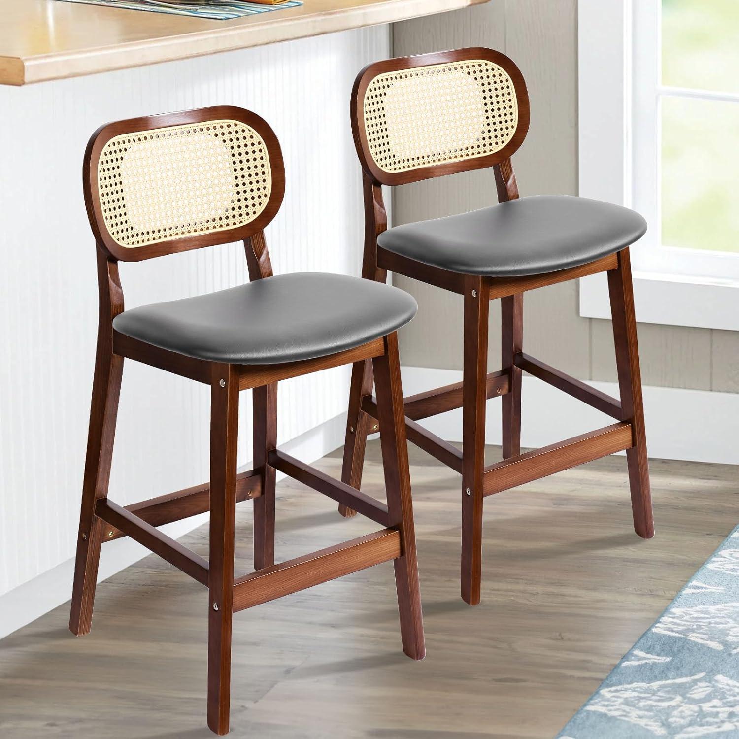 Lucky Monet Wood Upholstered Counter Height Bar Stools with Rattan Back - 36.81"H x 17.72"W x 18.7"D Set of 2 - White Faux Leather/ Brown Frame
