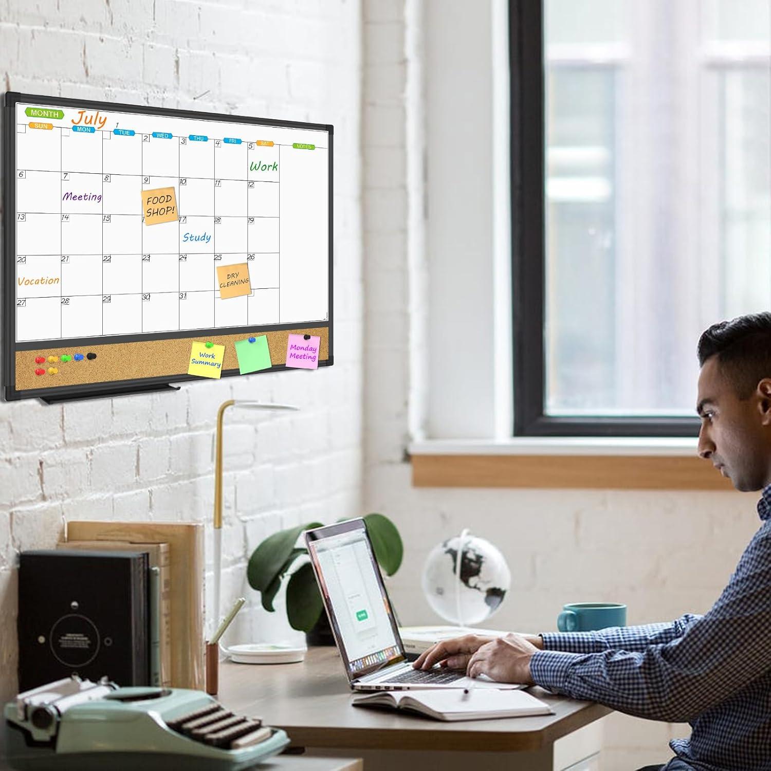 JILoffice Magnetic Calendar Whiteboard & Bulletin Corkboard Combination, Combo Board 24 x 18 Inch, Black Aluminum Frame Wall Mounted Board for Office Home and School with 10 Push Pins