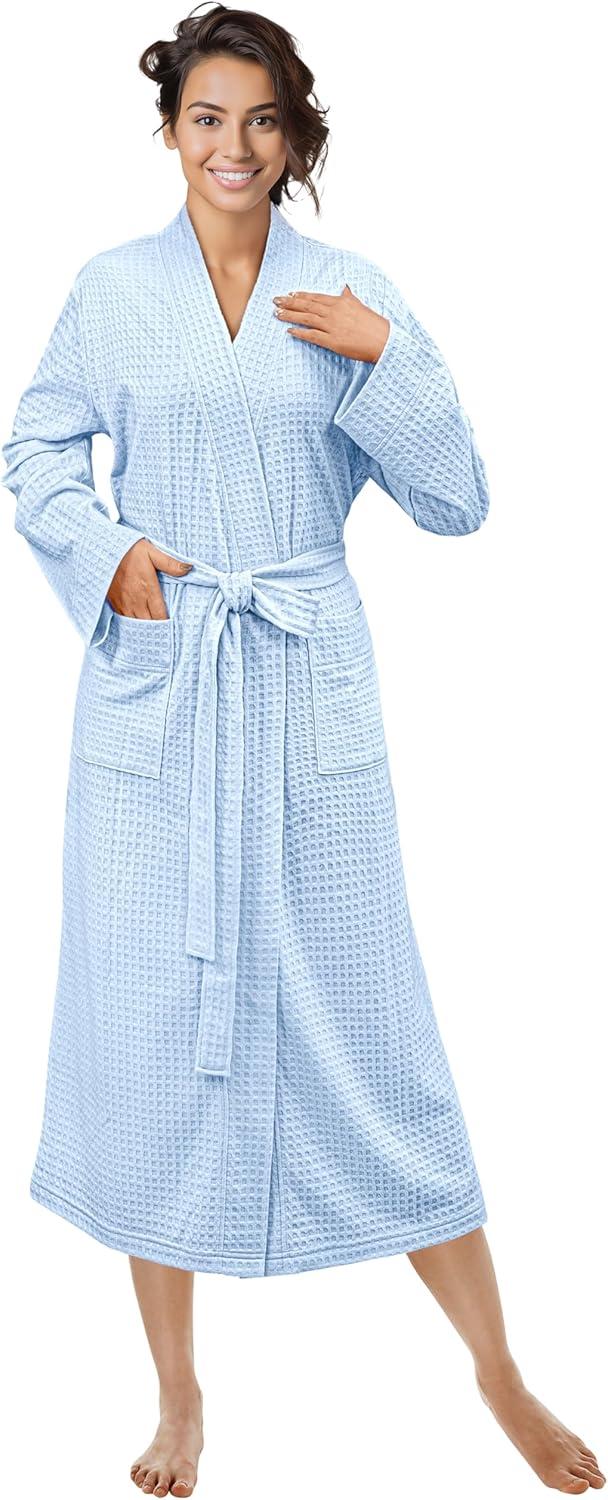 PAVILIA Women Waffle Knit  Robe, Soft Cozy Breathable Lightweight Long Bathrobe with Pockets for Shower Spa House