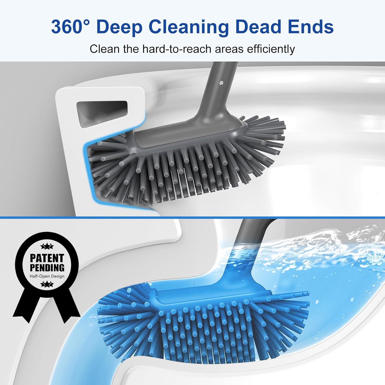 Toilet Bowl Brush Holder Set: Bathroom Deep Cleaning Toilet Cleaner Scrubber Under Rim with Curved Bristle for Dead Corner Clean - Hidden Rv Toilet Decorative Accessories with Caddy- Gray