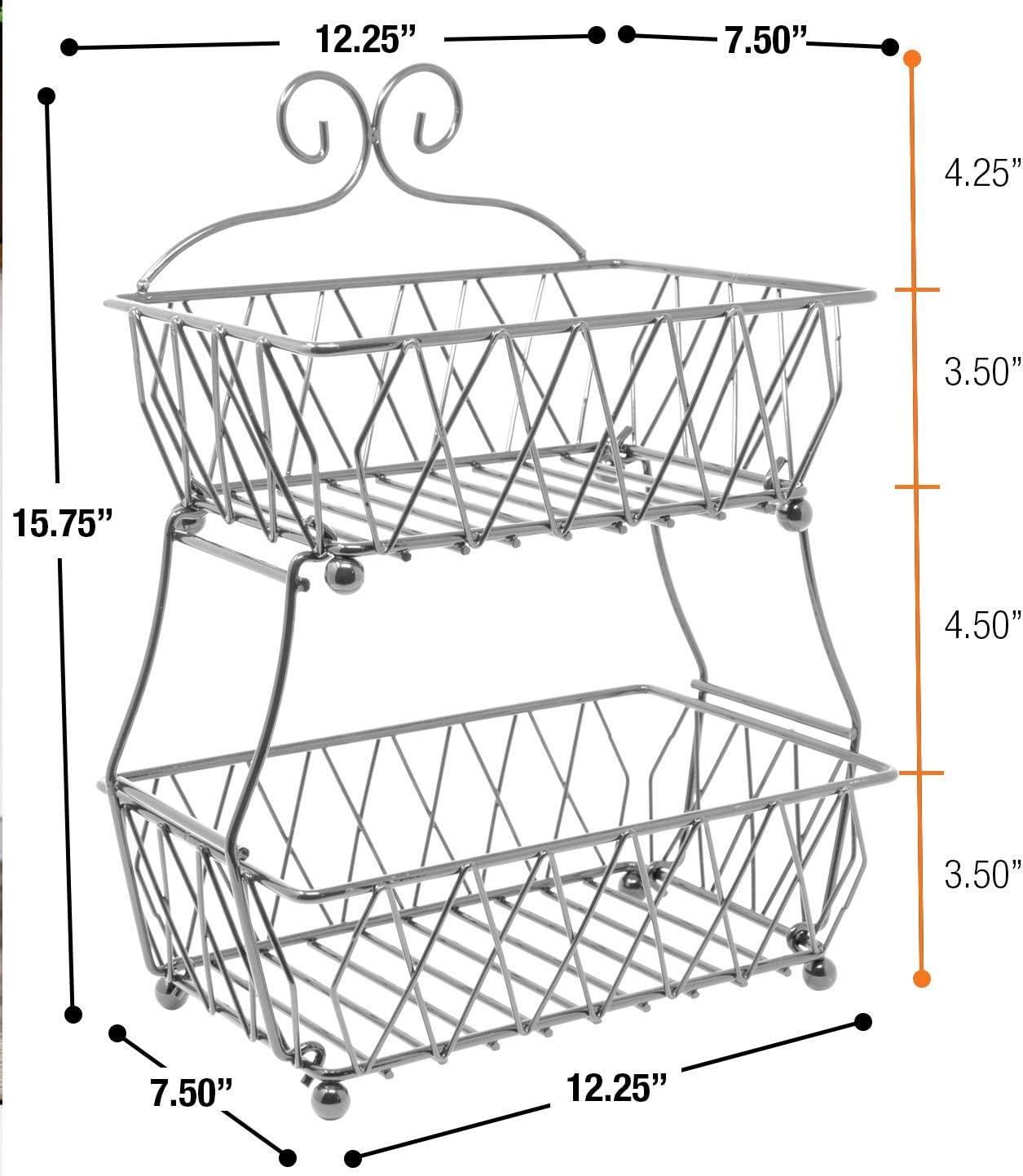 Silver 2-Tier Rectangular Metal Fruit Basket Stand