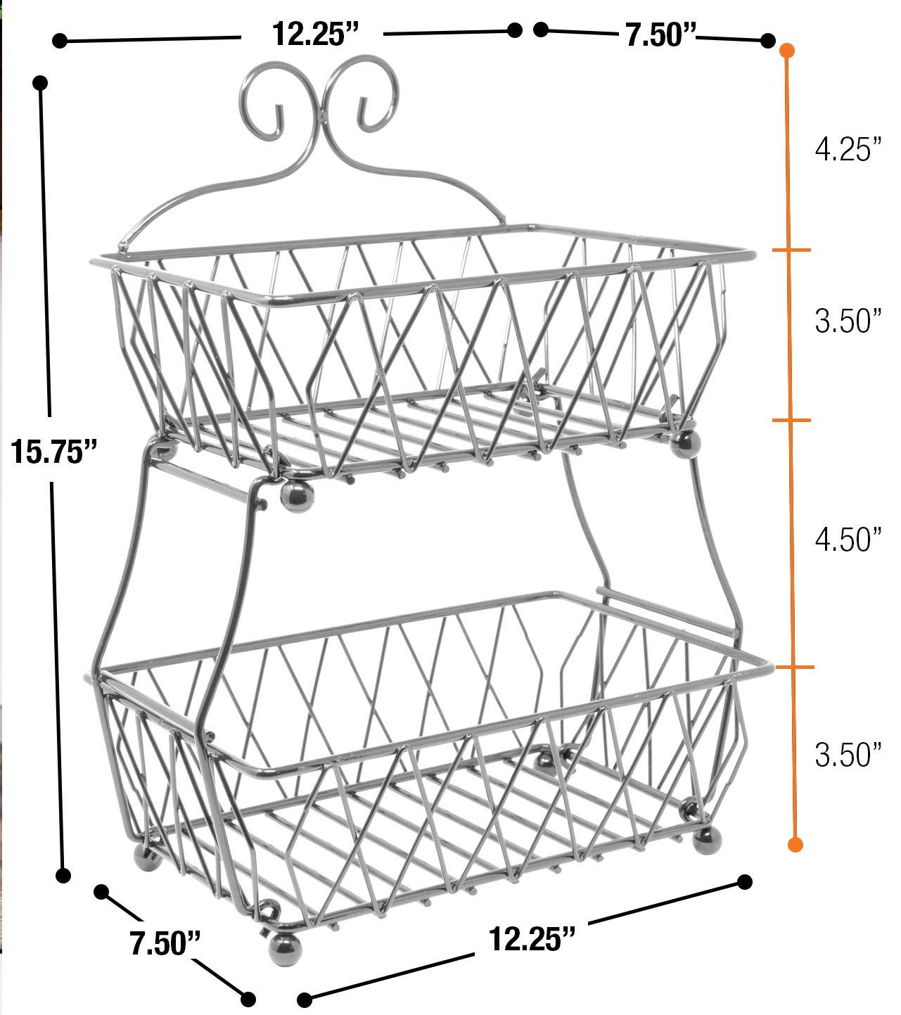 2-Tier Fruit Bread Basket Display Stand, Counter Storage for Kitchen, Bathroom, Rectangular Antique Metal