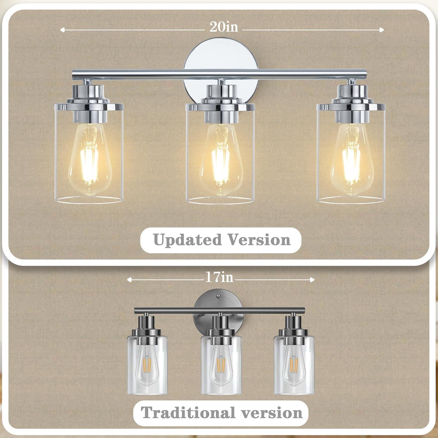 3-Light Bathroom Light Fixtures, Brushed Nickel Vanity Light, Farmhouse Wall Lights with Clear Glass Shade, Bathroom Wall Lamp for Mirror Kitchen Bedroom Hallway Living Room Hallway Cabinet