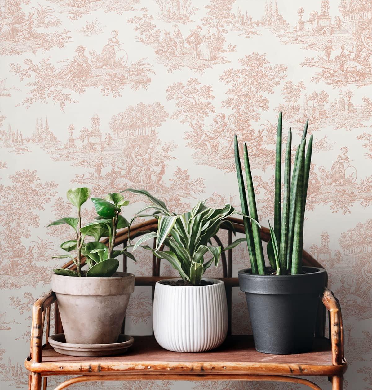 NextWall Chateau Toile Peel and Stick Wallpaper Pink: Vintage Vinyl, Self-Adhesive, Repositionable, Washable, 30.75 Sq Ft Coverage