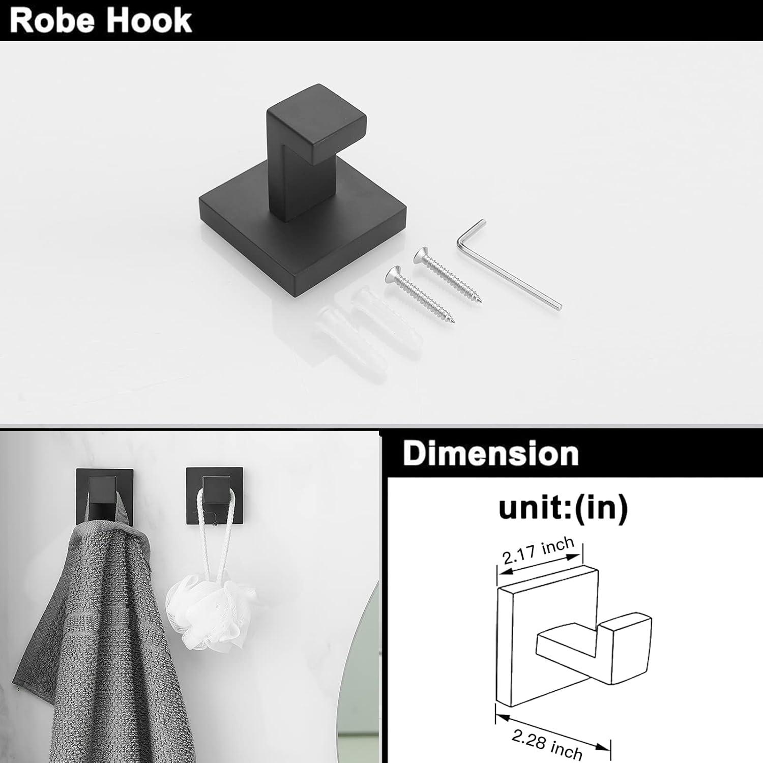 BWE 5 Pieces Matte Black Bathroom Hardware Set SUS304 Stainless Steel Include 21.9" Towel Bar,Hand Towel Holder,Toilet Paper Holder and 2 Robe Hook Square Bathroom Accessories Set Wall Mounted