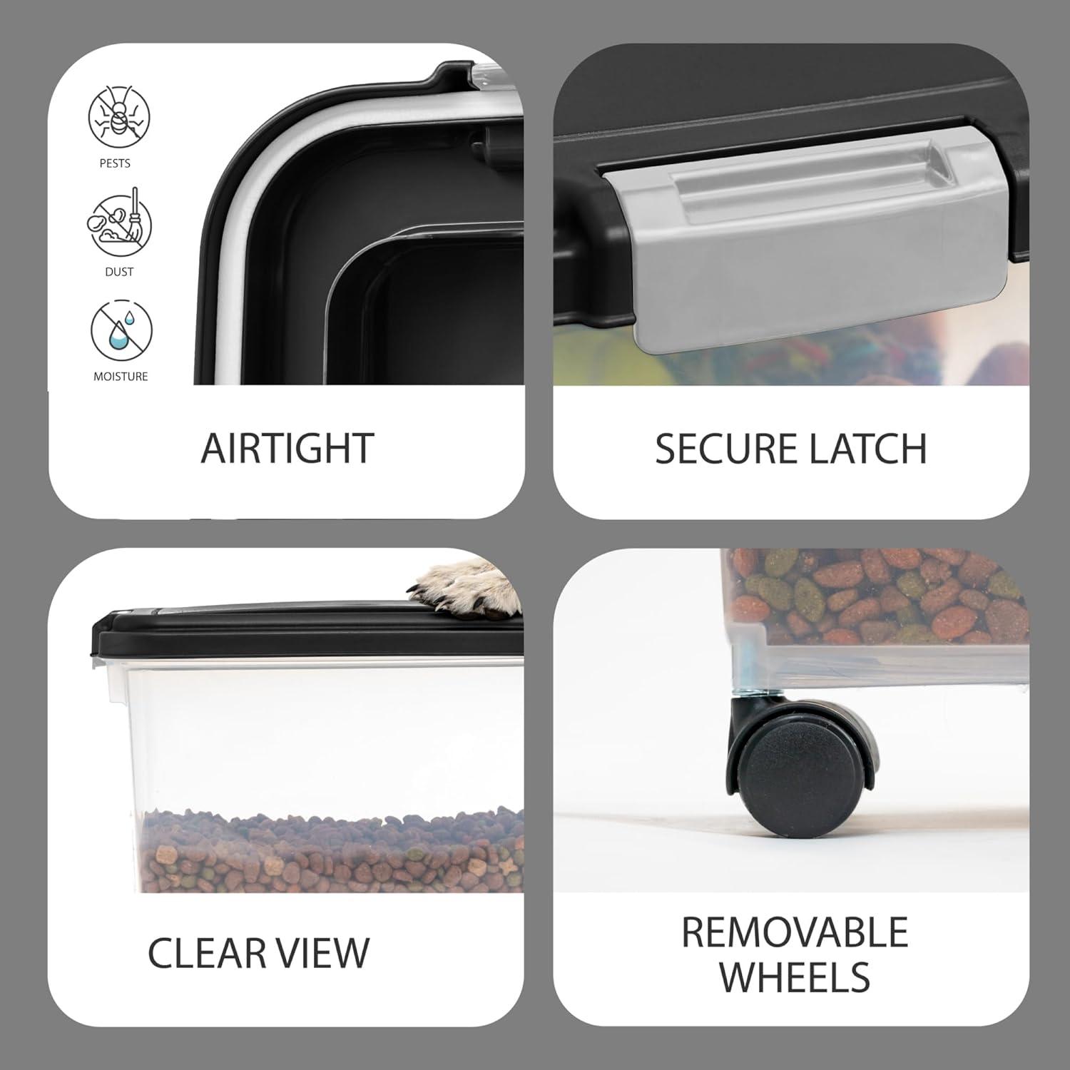 IRIS USA 30 lbs & 11 lbs Combo Airtight Dog Food Storage Container, Stackable Treat Box, 2-Cup Scoop, Casters, Keep Fresh, Easy Mobility, Black