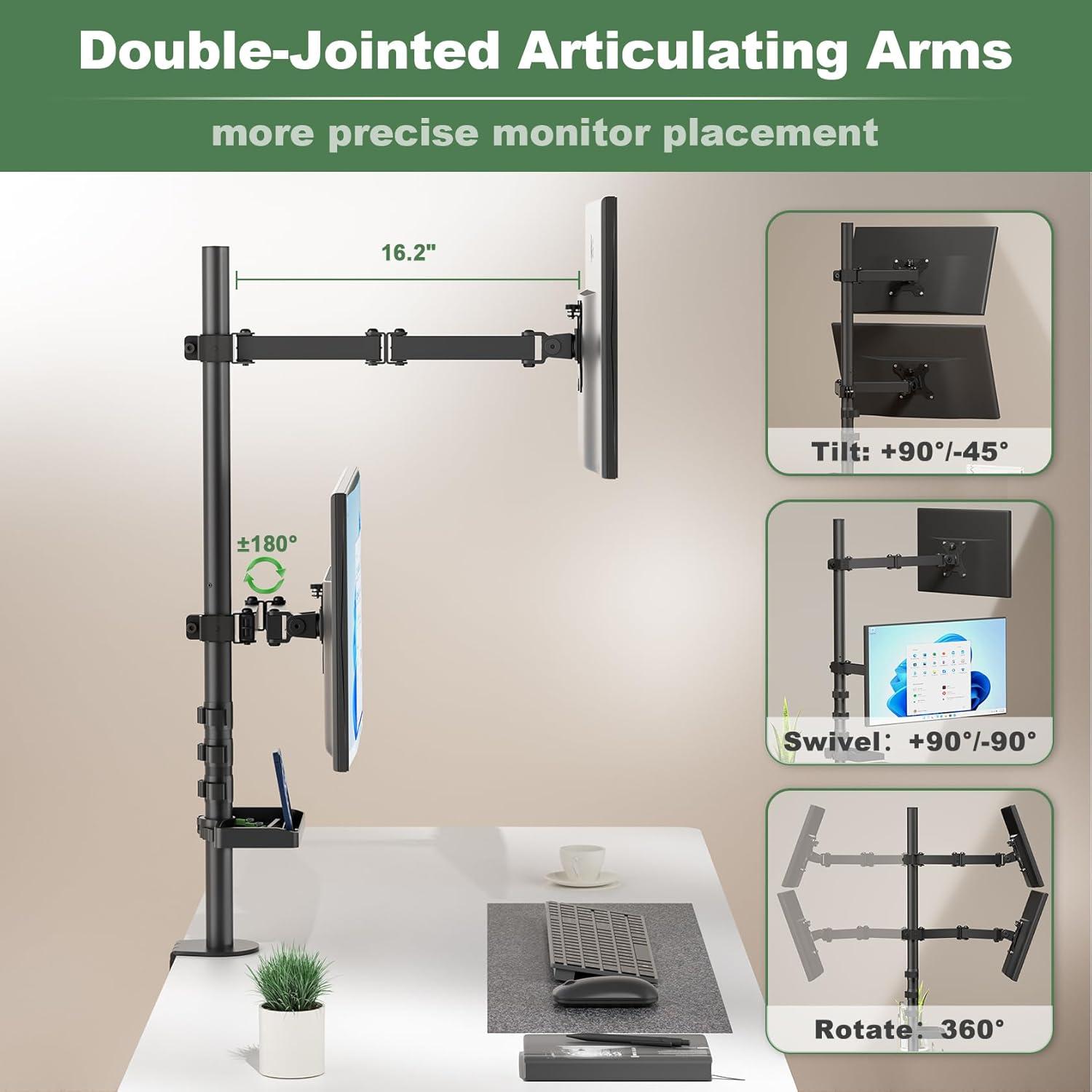 Dual Vertical Monitor Mount with Storage Tray and Adjustable Arms