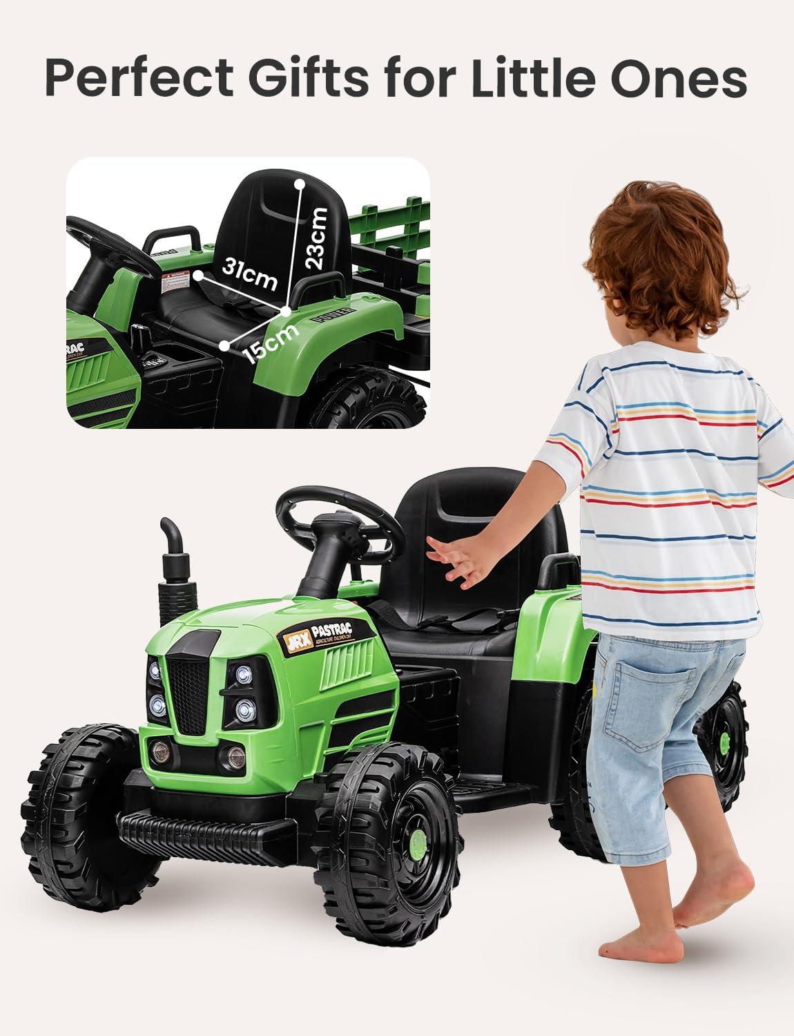 24V 400W Powered Electric Tractor for Kids, 3-Speed Ride On Tractor with Remote Control, USB/MP3/Bluetooth, LED Lights, Safety Belt, 1.86-4.97 MPH，Green