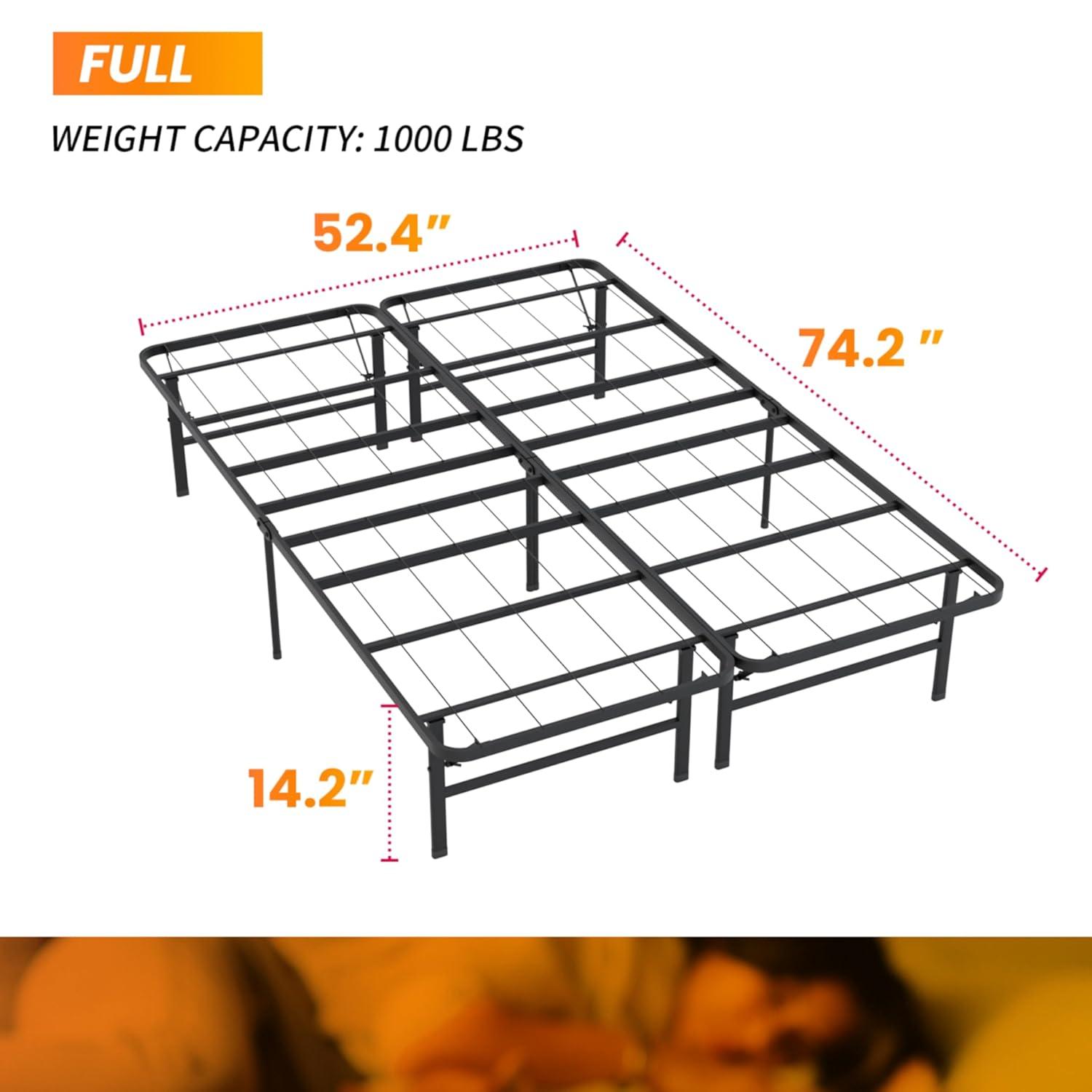 24/7 Shop at Home Aiso 14 Inch Metal Foldable Bed Frame Full Size, No Box Spring Required, Heavy Duty Bedframe with Storage Space Underneath, Sturdy and Non-Slip Slats Platform, Easy Assembly, Black