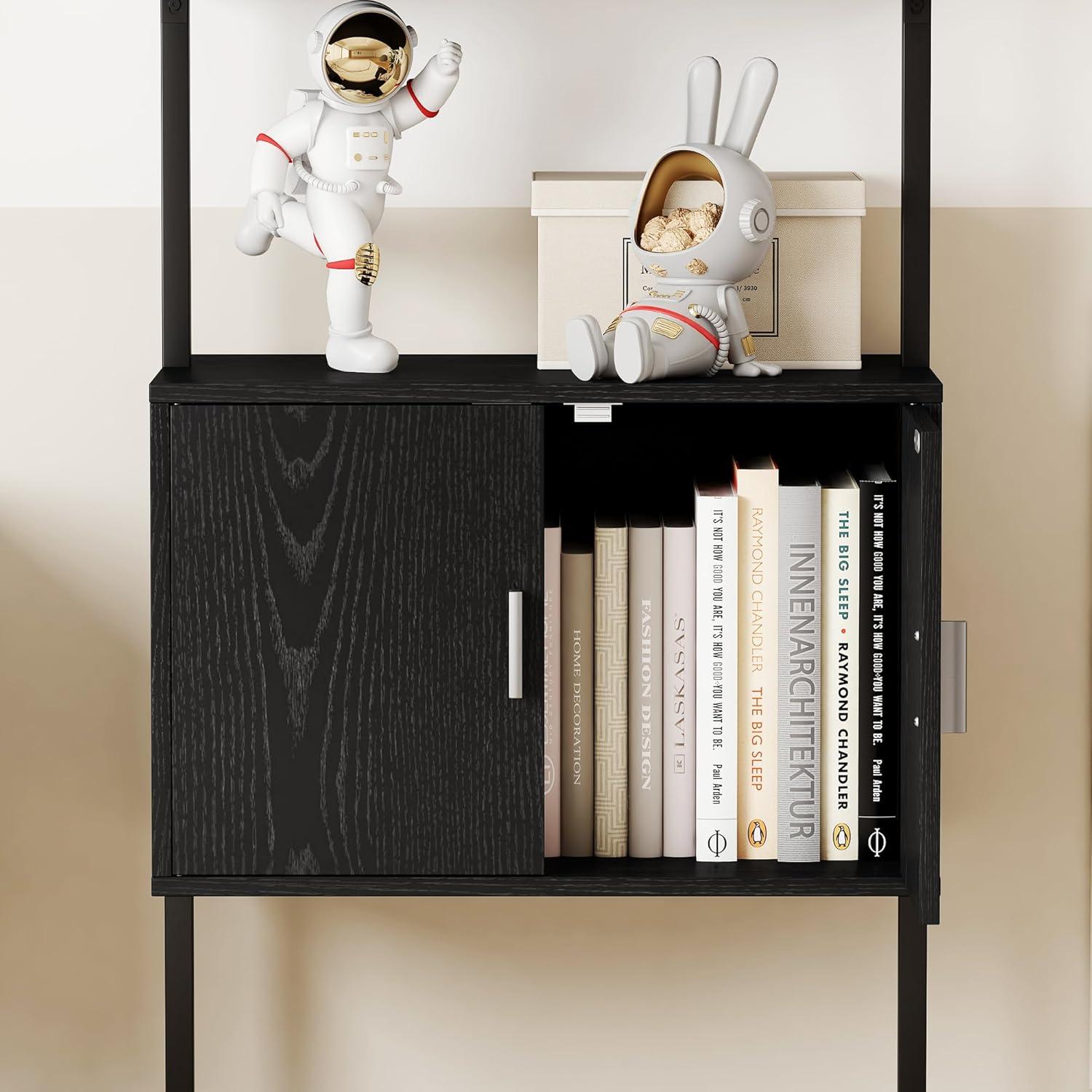 Black Industrial Ladder Bookshelf with Cabinet and Metal Frame