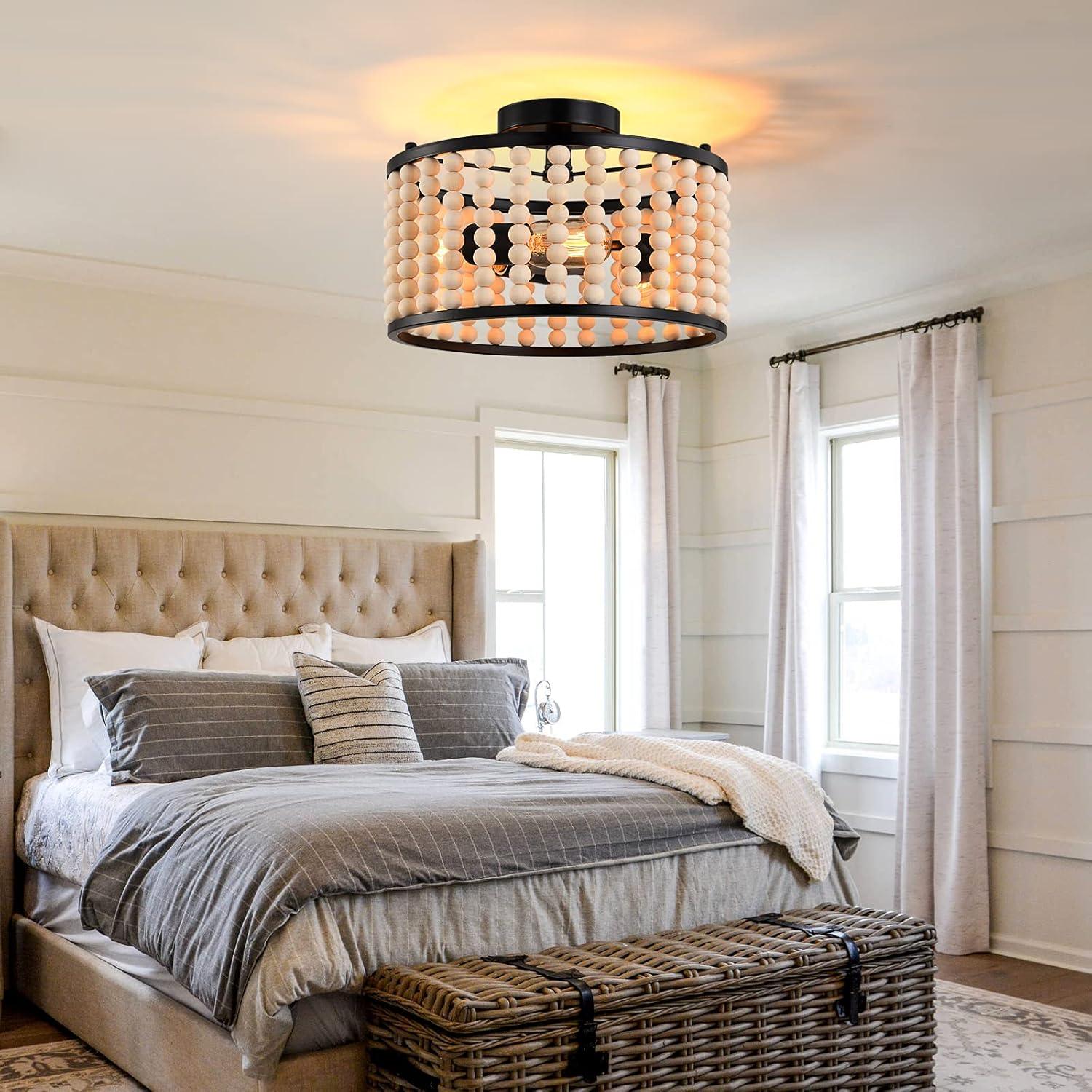 Farmhouse Boho Light Fixture, 3-Light Wood Beaded Chandelier, Black Semi Flush Mount Ceiling Light for Dining Room, Kitchen, Hallway, Bedroom, Living Room