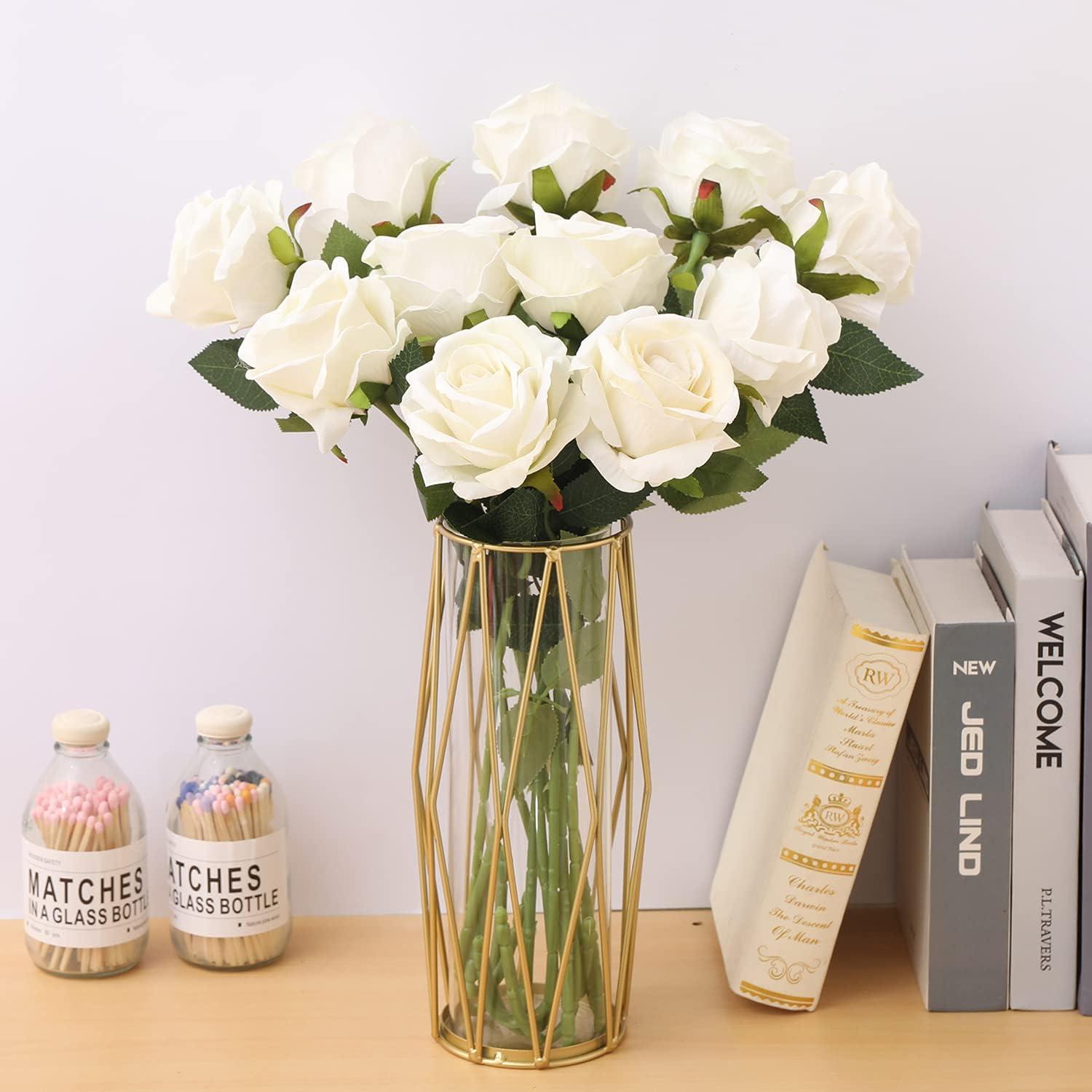 Cream White Artificial Silk Roses with Plastic Stems, 15-Piece Set