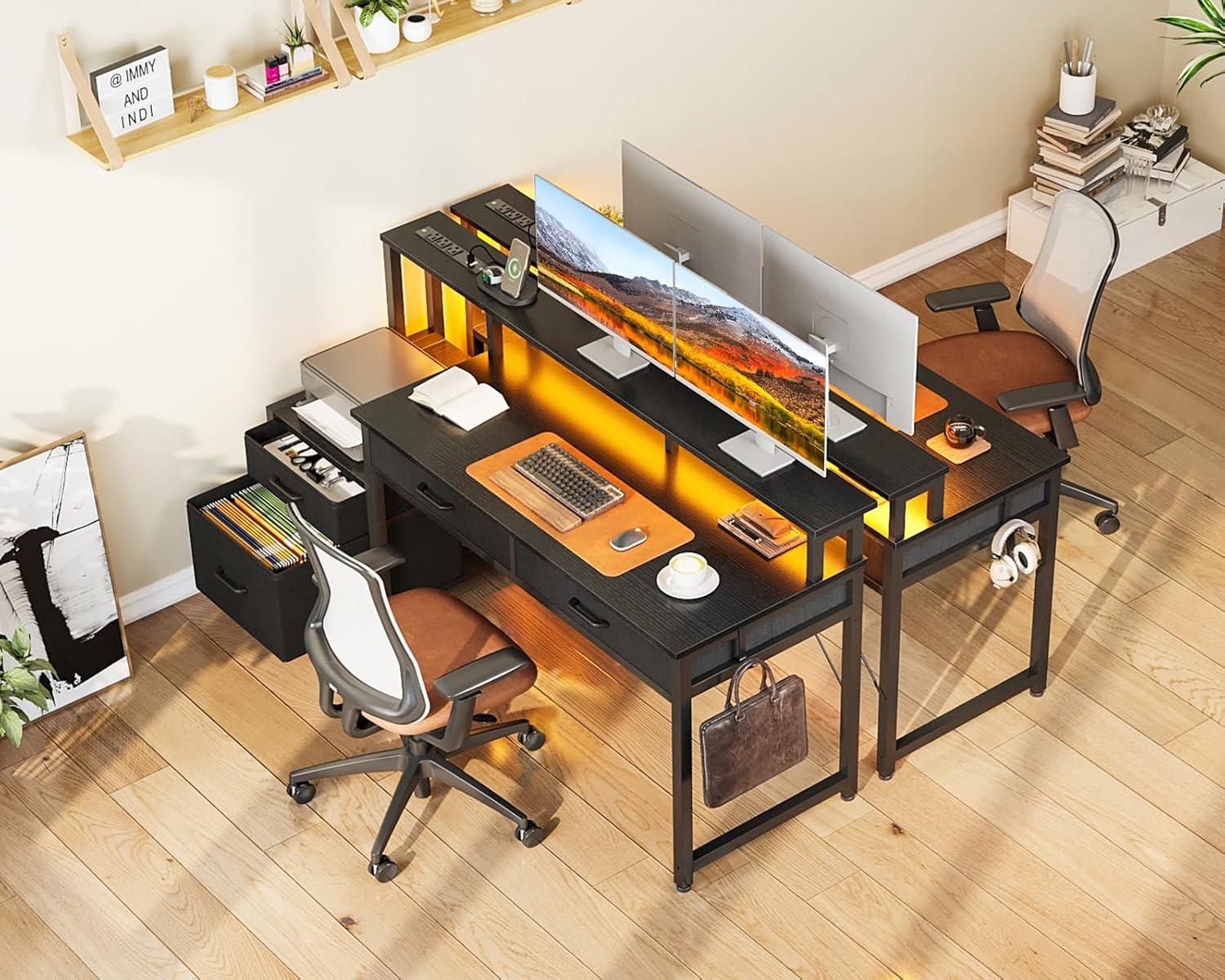 FETON 55-Inch Computer Desk with File Cabinet and Fabric Drawers, Reversible Office Desk with LED Strip and Power Strip, Gaming Desk with Monitor Riser, Writing/Study Table for Home, Black