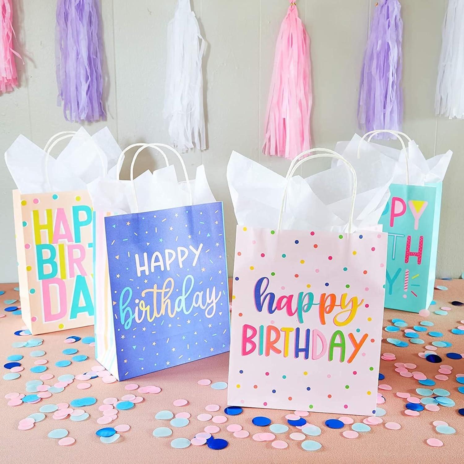 Sparkle and Bash 24 Pack 8 x 10 x 4 Inch Happy Birthday Gift Bags with Handles and 24 Sheets White Tissue Paper, 4 Pastel Colors