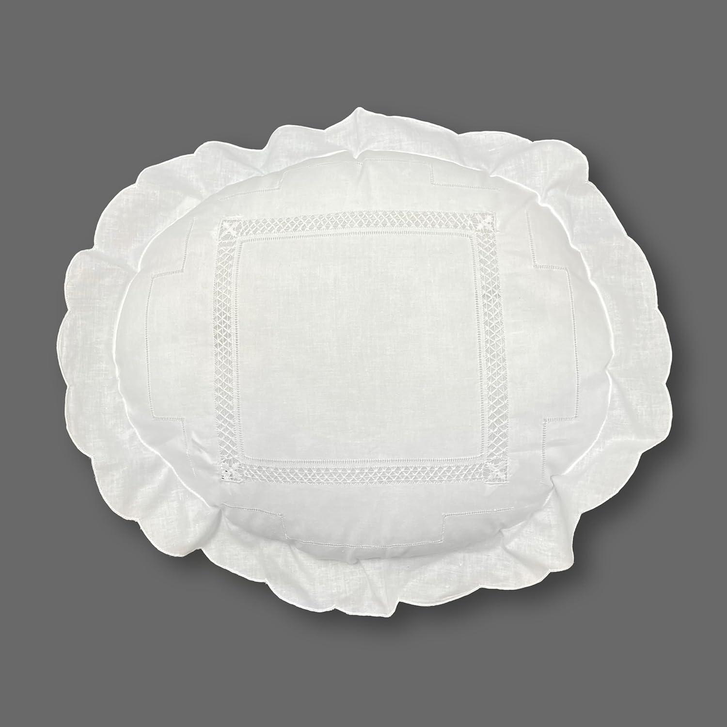 White Cotton Embroidered Round Pillow Set with Ruffled Edges