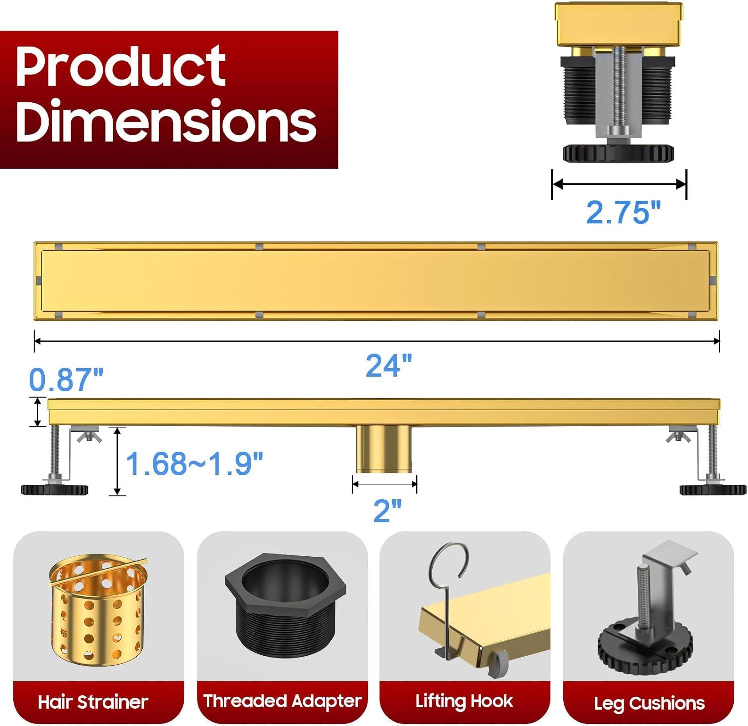 24-Inch Brushed Gold Stainless Steel Linear Shower Drain