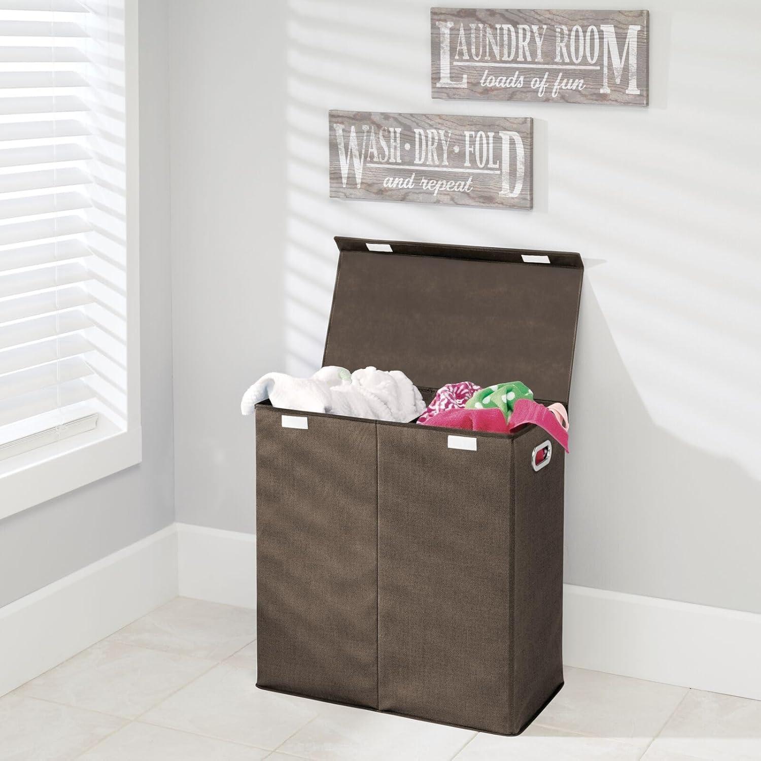 mDesign Divided Laundry Hamper Basket with Lid, Chrome Handles, Espresso Brown