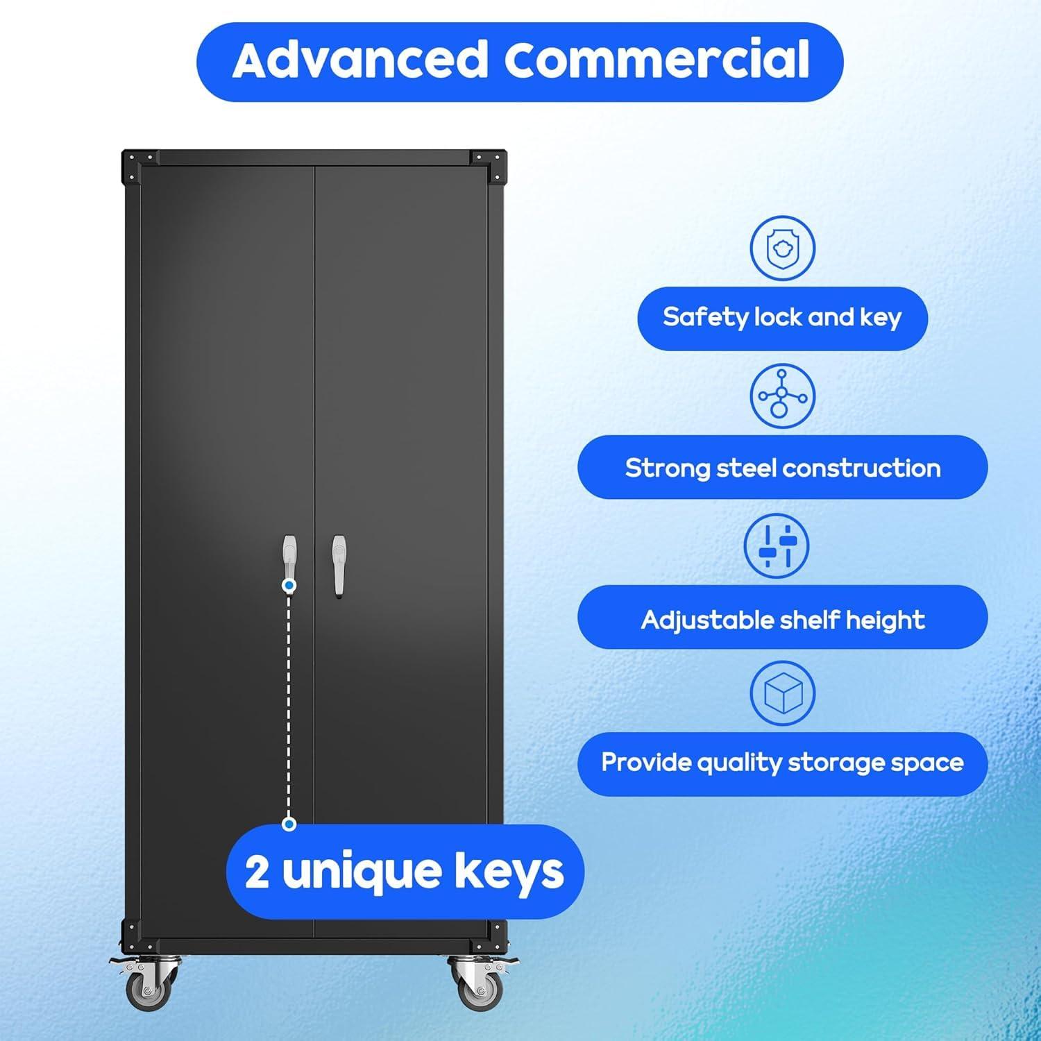 AOBABO 72 Inch Locking Metal Garage Storage Cabinet with Universal Rubber Wheels with Lockable Casters, Pegboards, and Magnetic Doors, Black