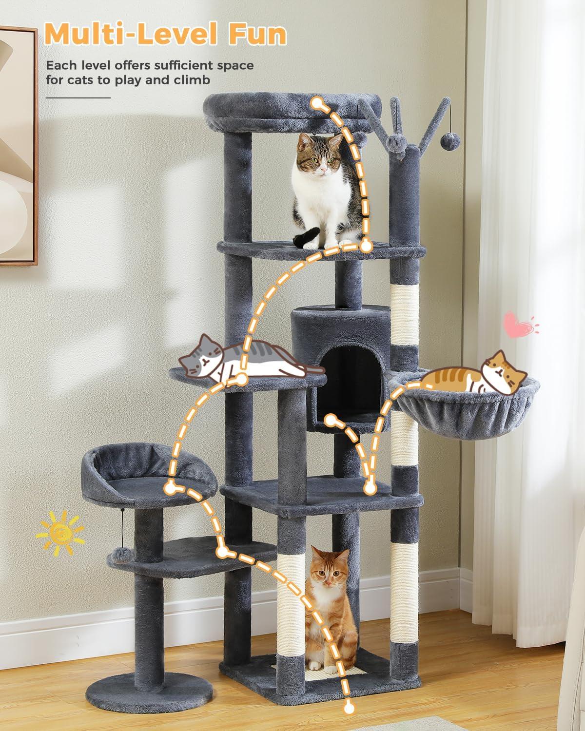 Dark Gray Multi-Level Cat Tree with Hammock and Perches