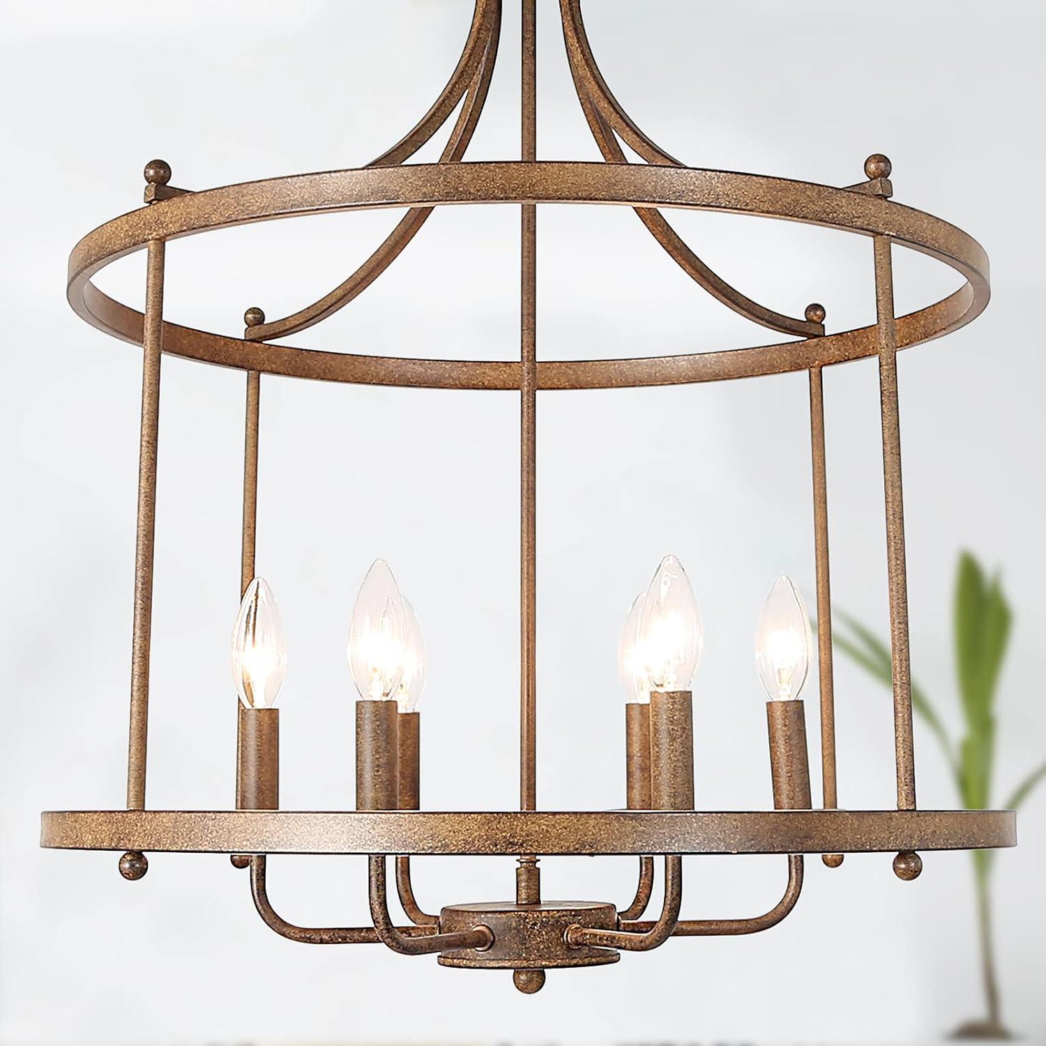 Rustic Bronze Drum Chandelier with Clear Metal Shade