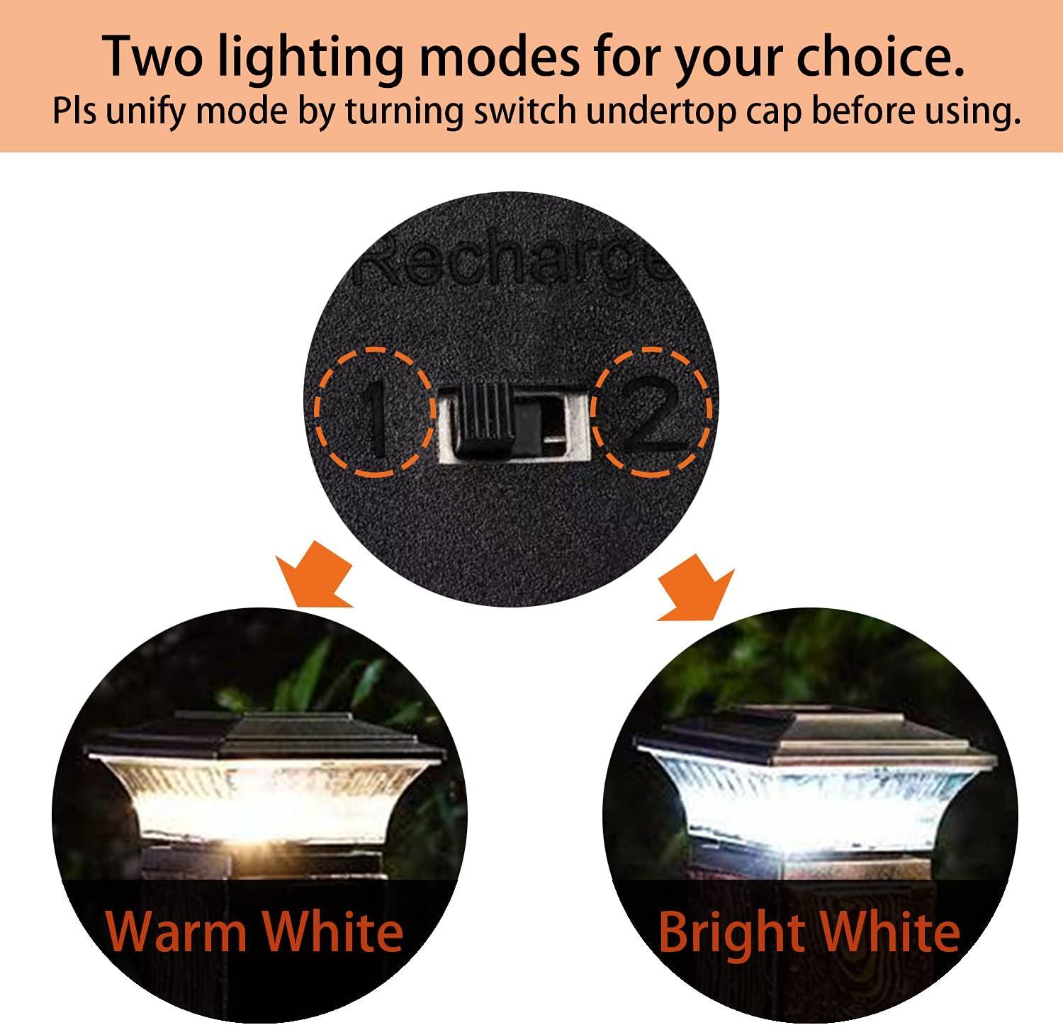 HUYIENO Solar Post Cap Lights Outdoor LED Lighting Deck Fence Cap Light Two Light Modes Warm White/Bright White Suitable for 4x4 Wooden Posts Brushed Copper 4PK