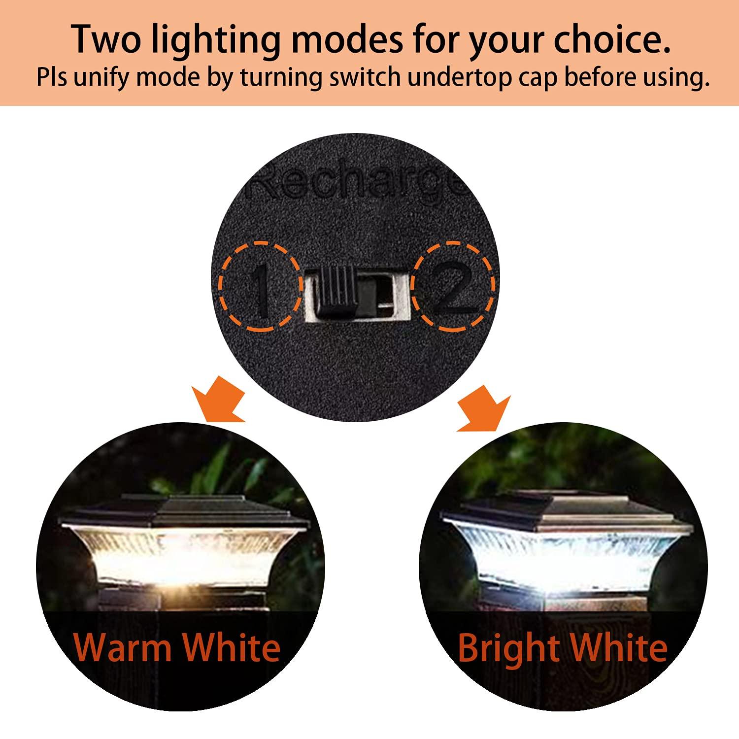 HUYIENO Solar Post Cap Lights Outdoor LED Lighting Deck Fence Cap Light Two Light Modes Warm White/Bright White Suitable for 4x4 Wooden Posts Brushed Copper 4PK