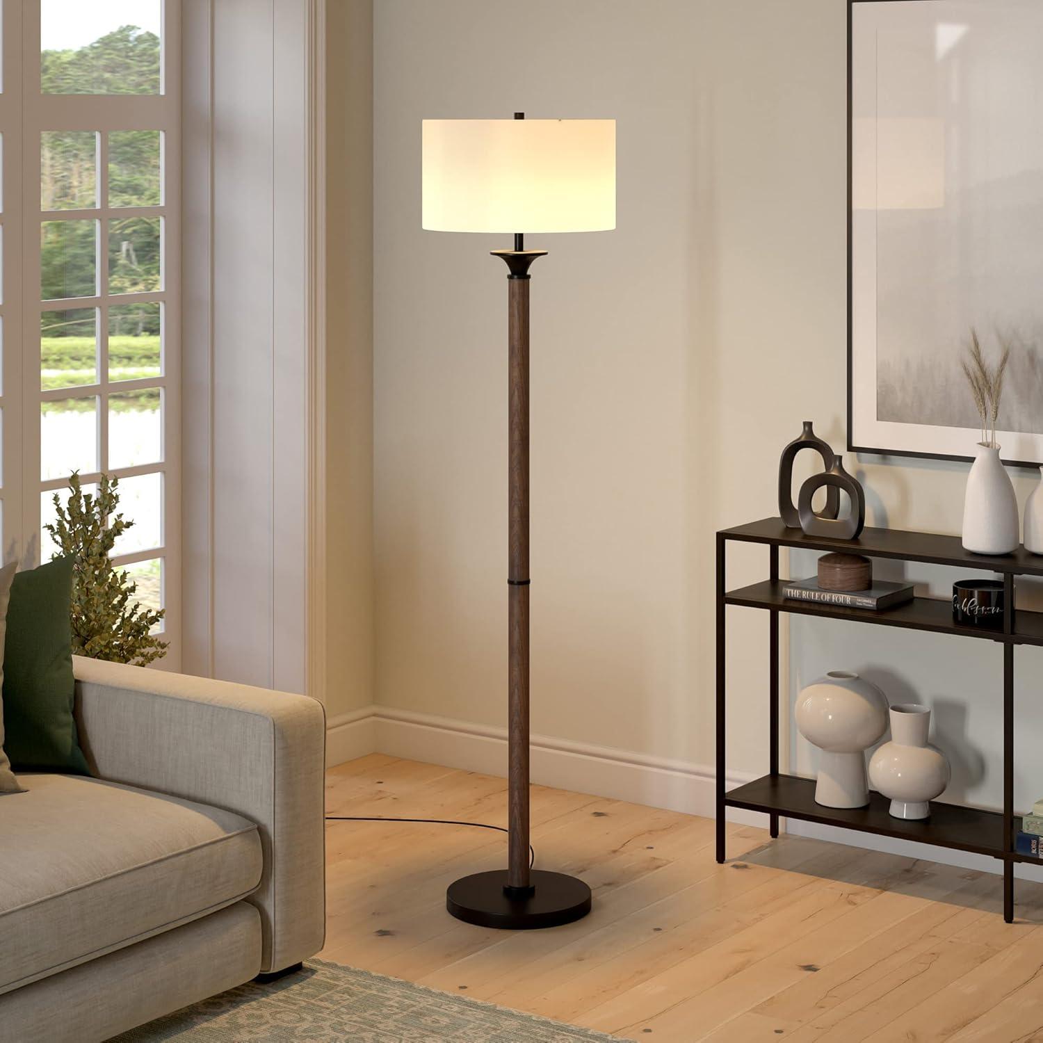 Rustic Oak & Blackened Bronze 66" Modern Floor Lamp with Linen Shade