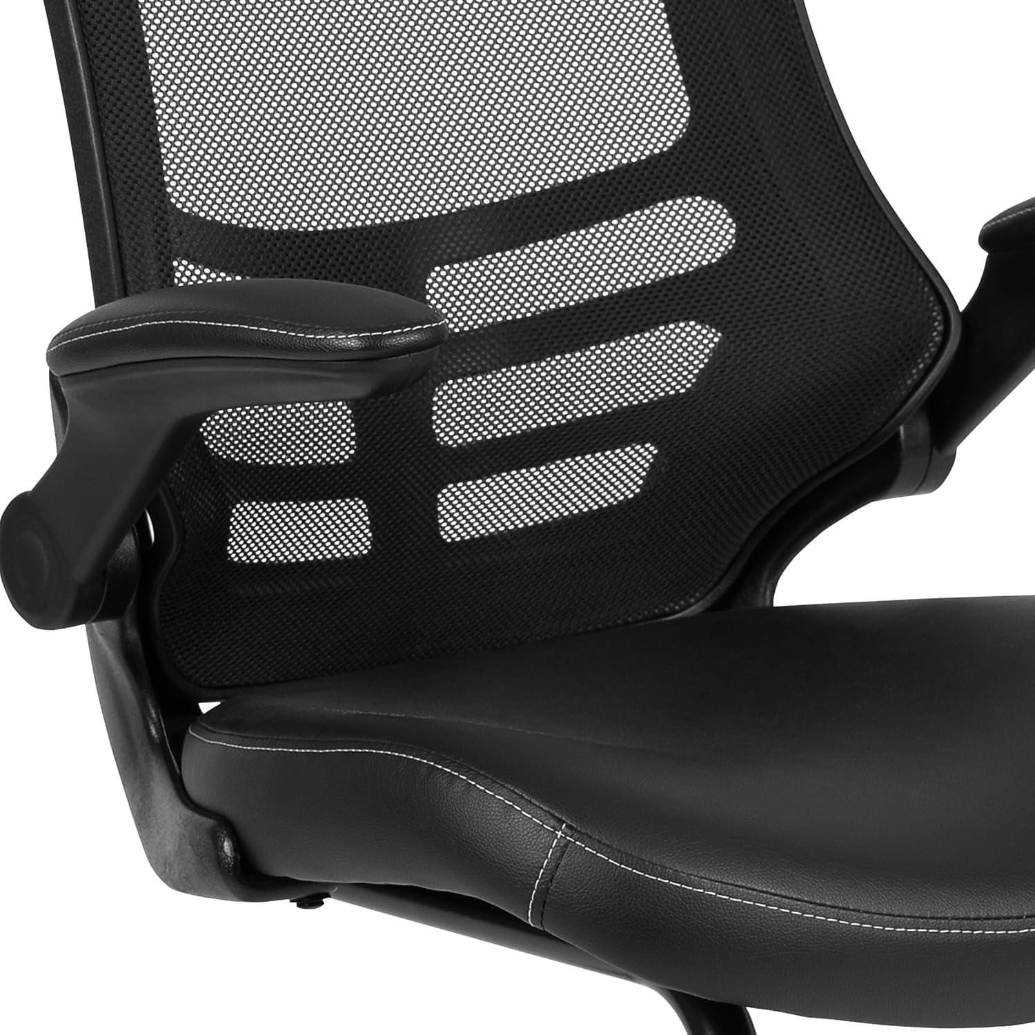 Flash Furniture Kelista Black Mesh Sled Base Side Reception Chair with White Stitched LeatherSoft Seat and Flip-Up Arms