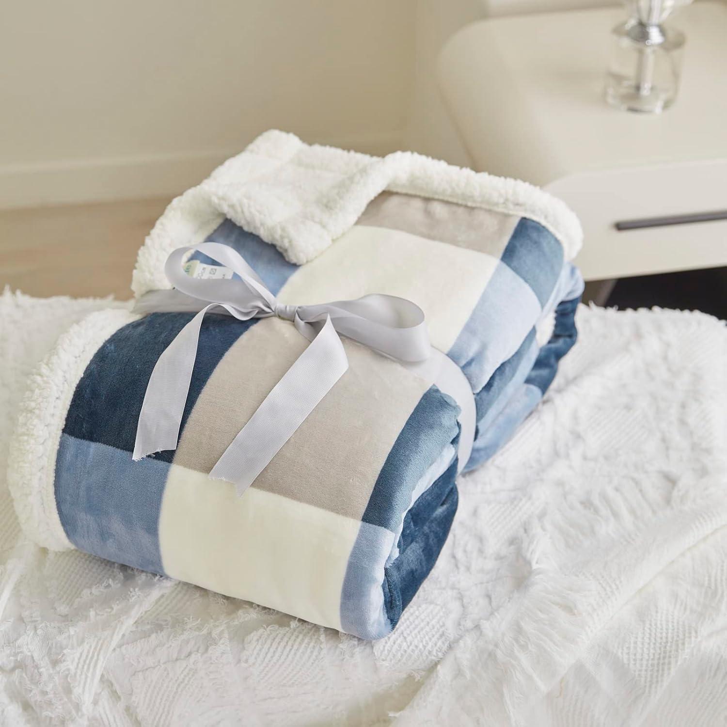 Gray and Blue Plaid Reversible Sherpa Fleece Throw Blanket