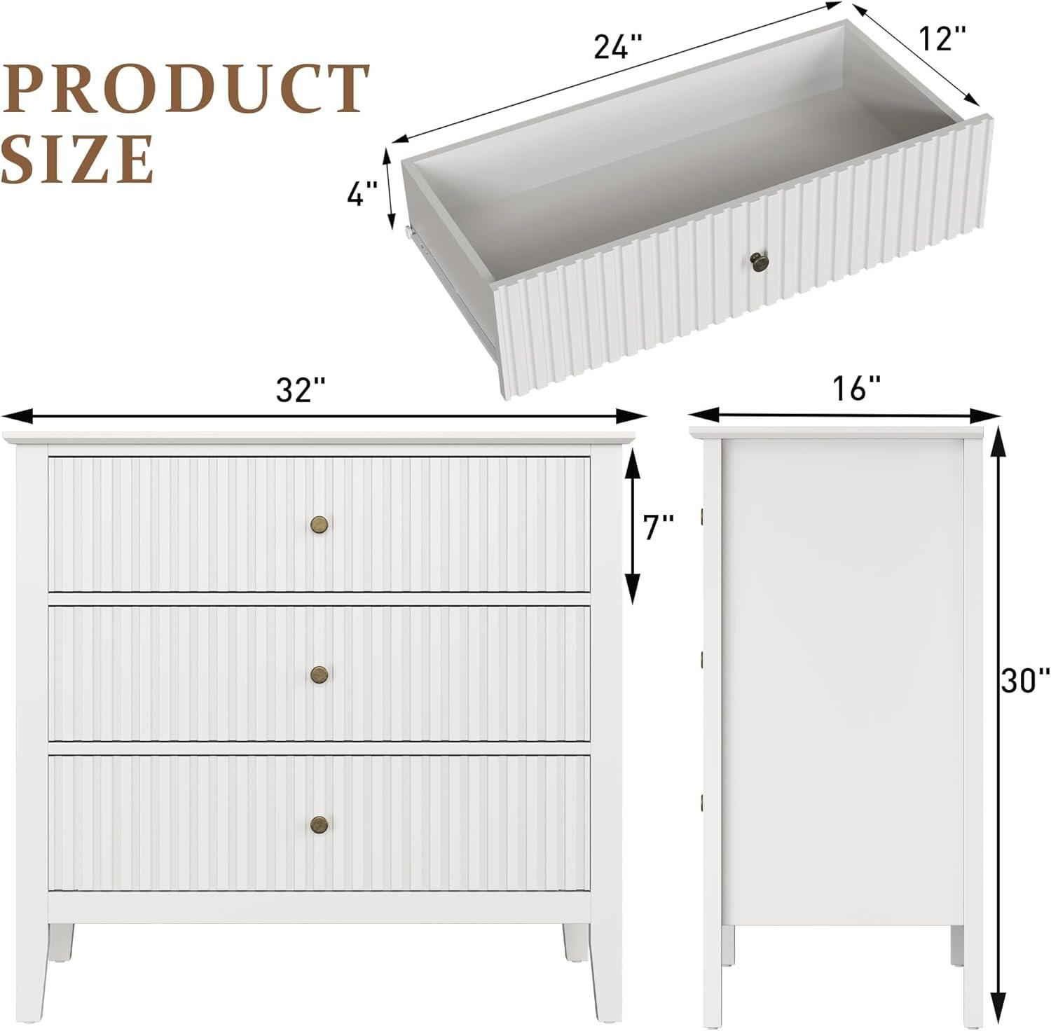 RoyalCraft Large 3 Drawer Dresser Set of 2, Fluted Wood Chest of Drawers with Storage, Modern Painted 30 inch Wide Nightstand for Bedroom Living Room Entryway, White