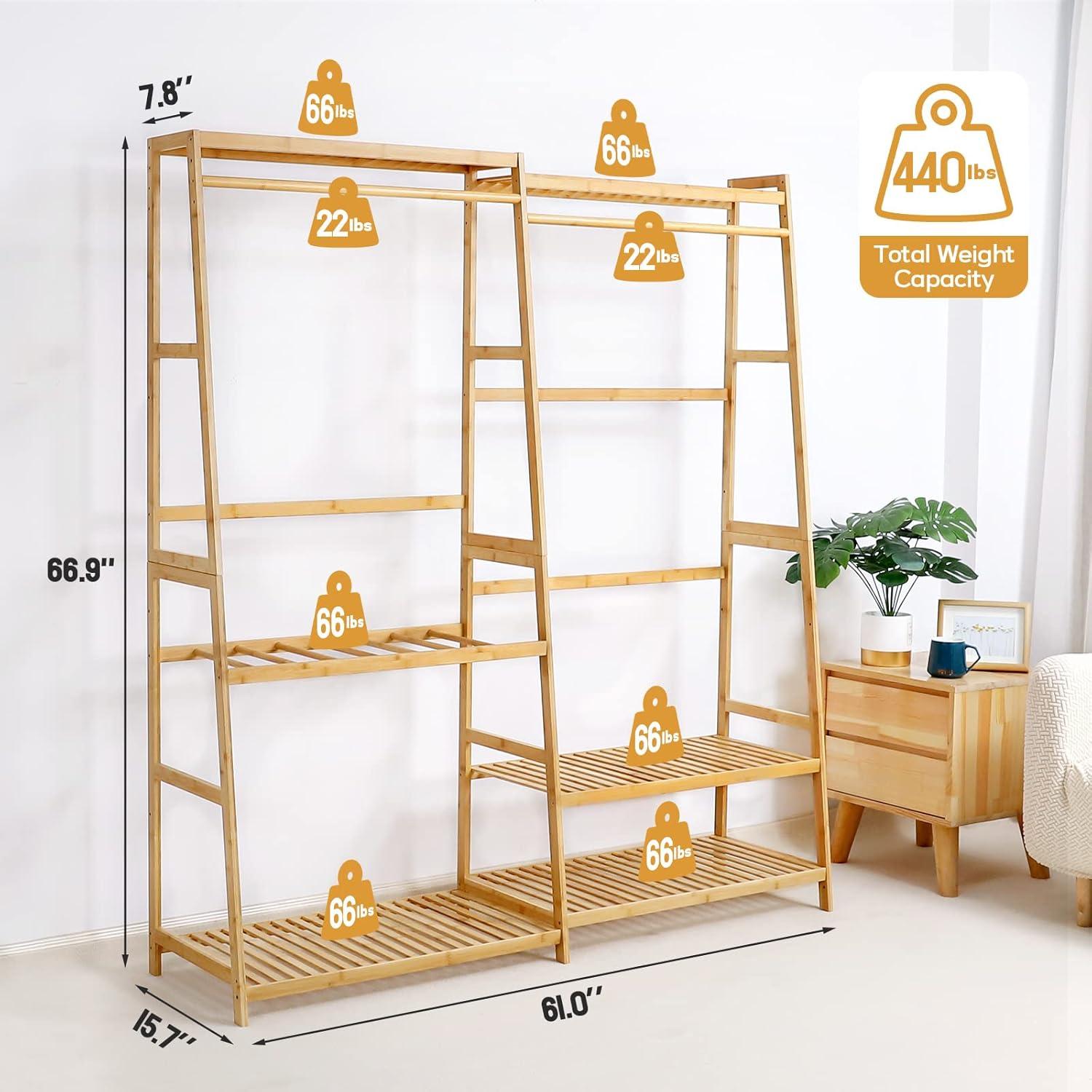TELOVIN Bamboo Clothes Rack Heavy Duty Garment Racks For Hanging Clothes, Max Load 440Lbs, Freestanding Clothing Rack Closet With 6 Shelves