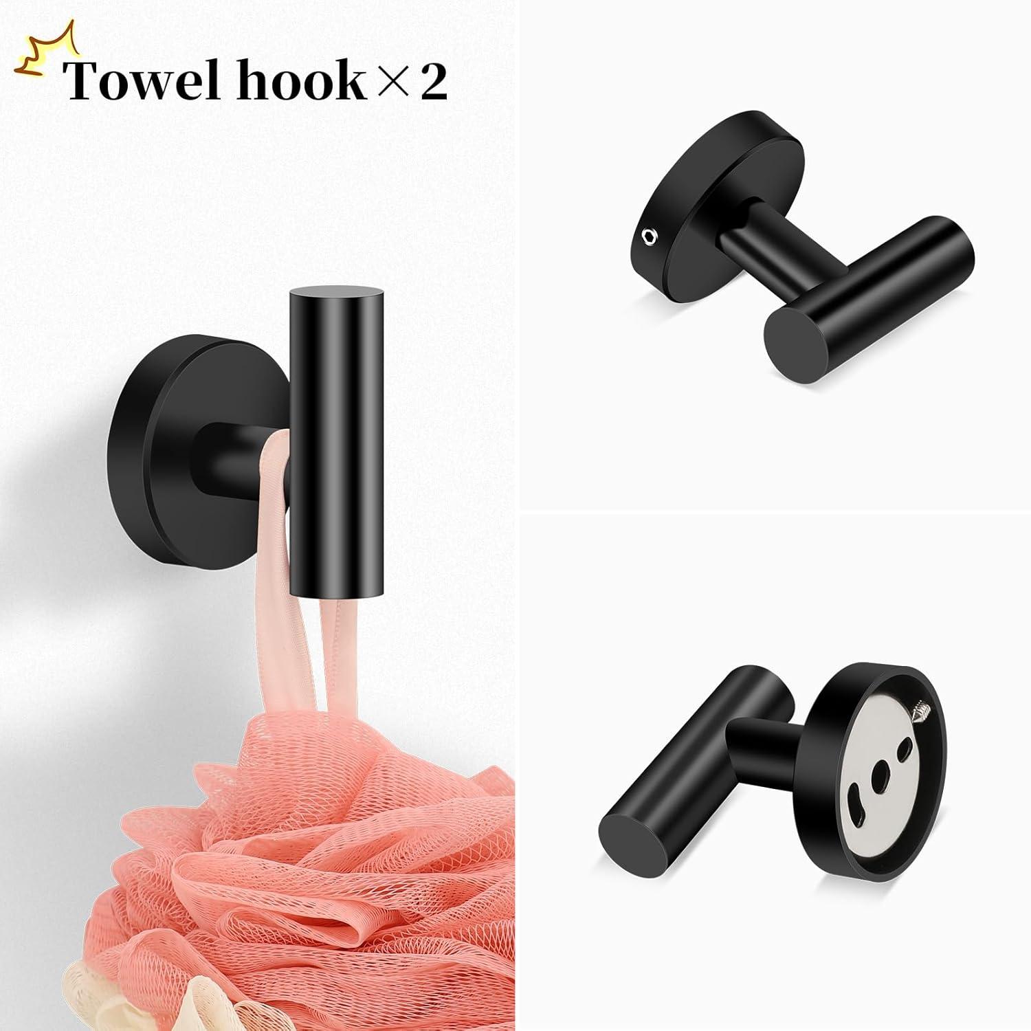 4 Piece Matte Black Stainless Steel Bathroom Hardware Set Include Hand Towel Ring, Toilet Paper Holder,and 2 Robe Towel Hooks,Bathroom Accessories Kit