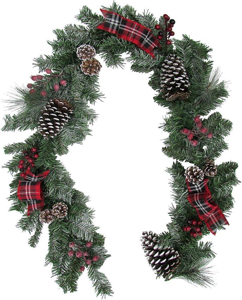 Fraser Farm Hill 6' Snowy Pineonce/Red Berry Garland on Mixed Pine