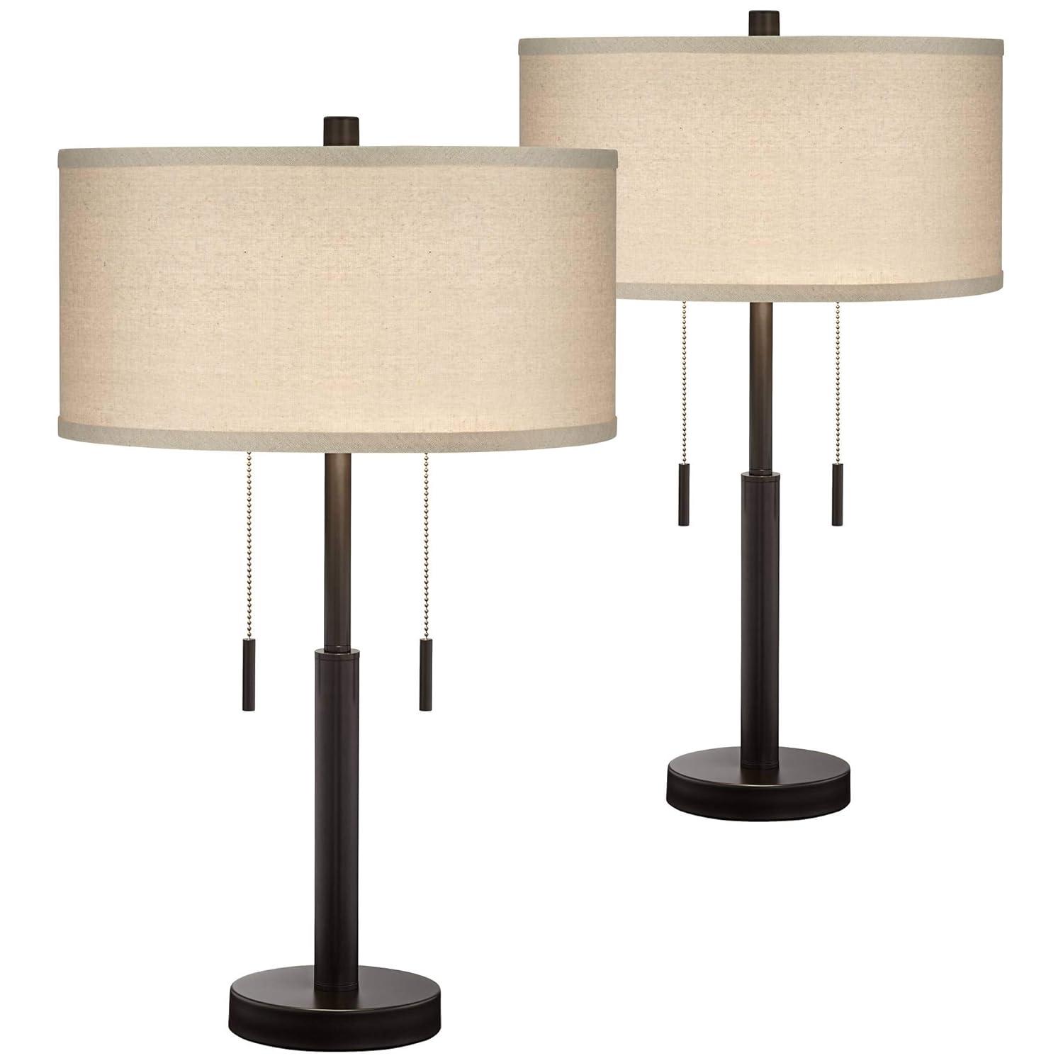 Franklin Iron Works Bernie Industrial Table Lamps 25" High Set of 2 Rich Bronze with USB Charging Port Tan Drum Shade for Bedroom Living Room Bedside