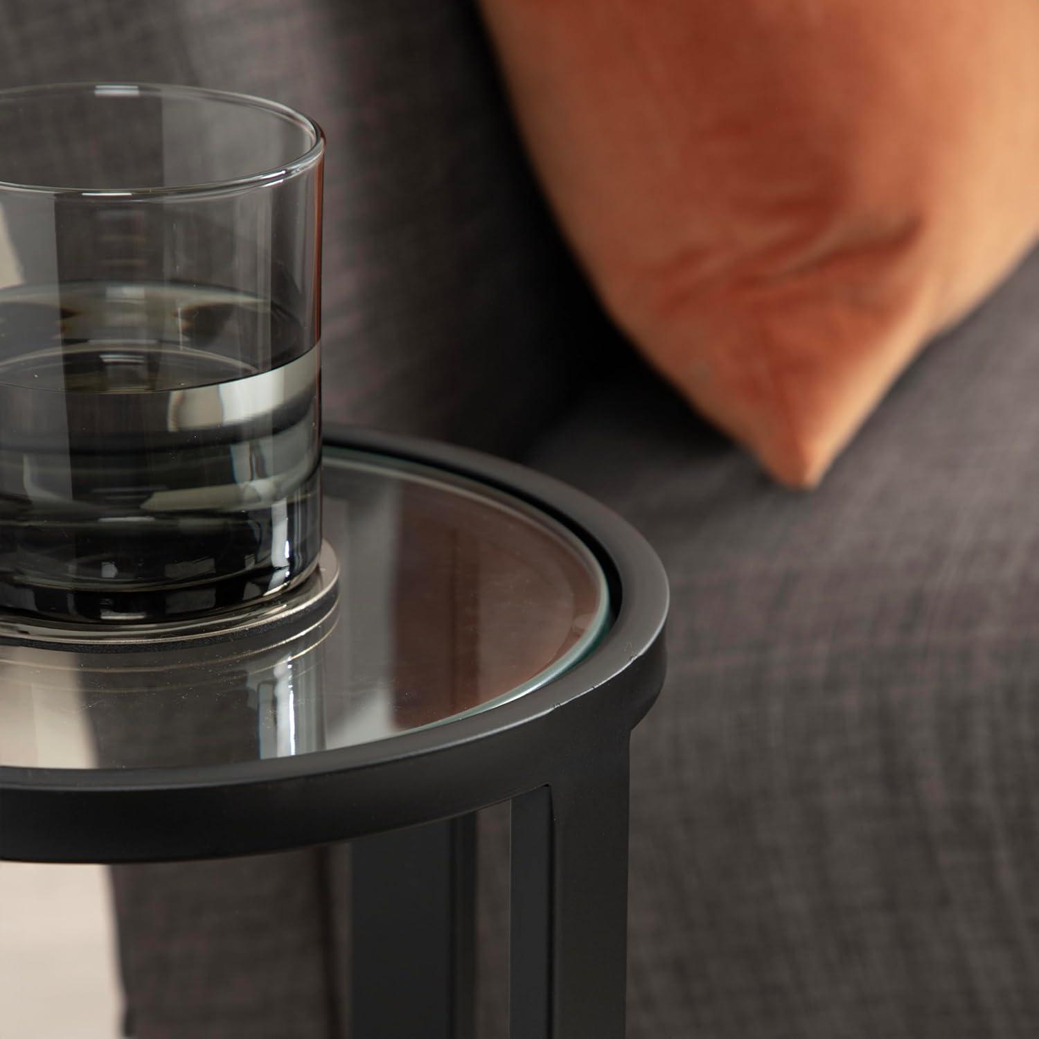 Kate and Laurel Ravalli Modern Drink Table, 9 x 9 x 20, Black and Clear Glass, Unique Round Tempered Glass Accent Pedestal Table for Use as Indoor Plant Stand