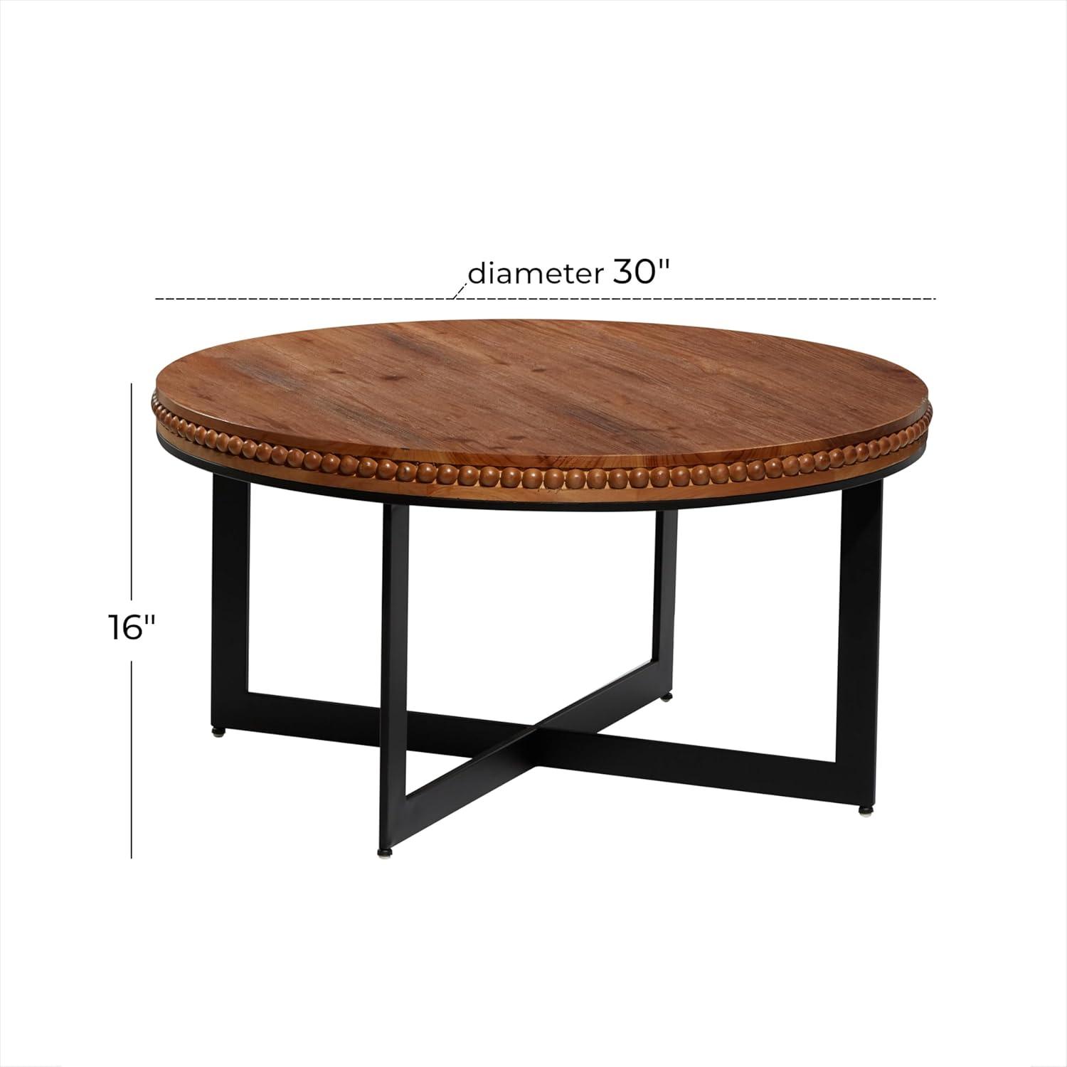 DecMode 30" x 16" Brown Wood Beaded Coffee Table with Metal X-Shaped Base, 1-Piece