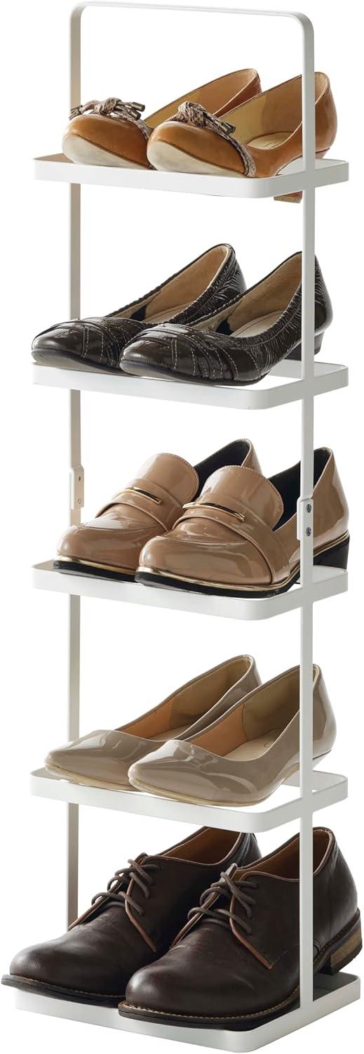 Compact White Metal Shoe Rack, Stackable, 5-Pair Capacity with Handle