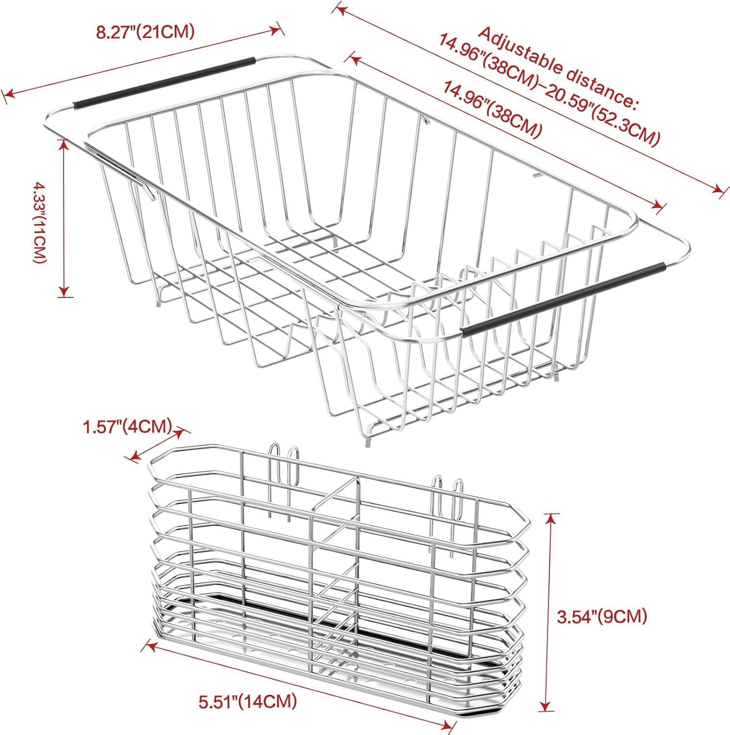 Small Dish Drainer Rack in Sink Adjustable, Expandable Stainless Steel Metal Dish Drying Rack Organizer with Stainless Steel Utensil Holder Over Inside Sink Counter, Rustproof(for 1-2 People)