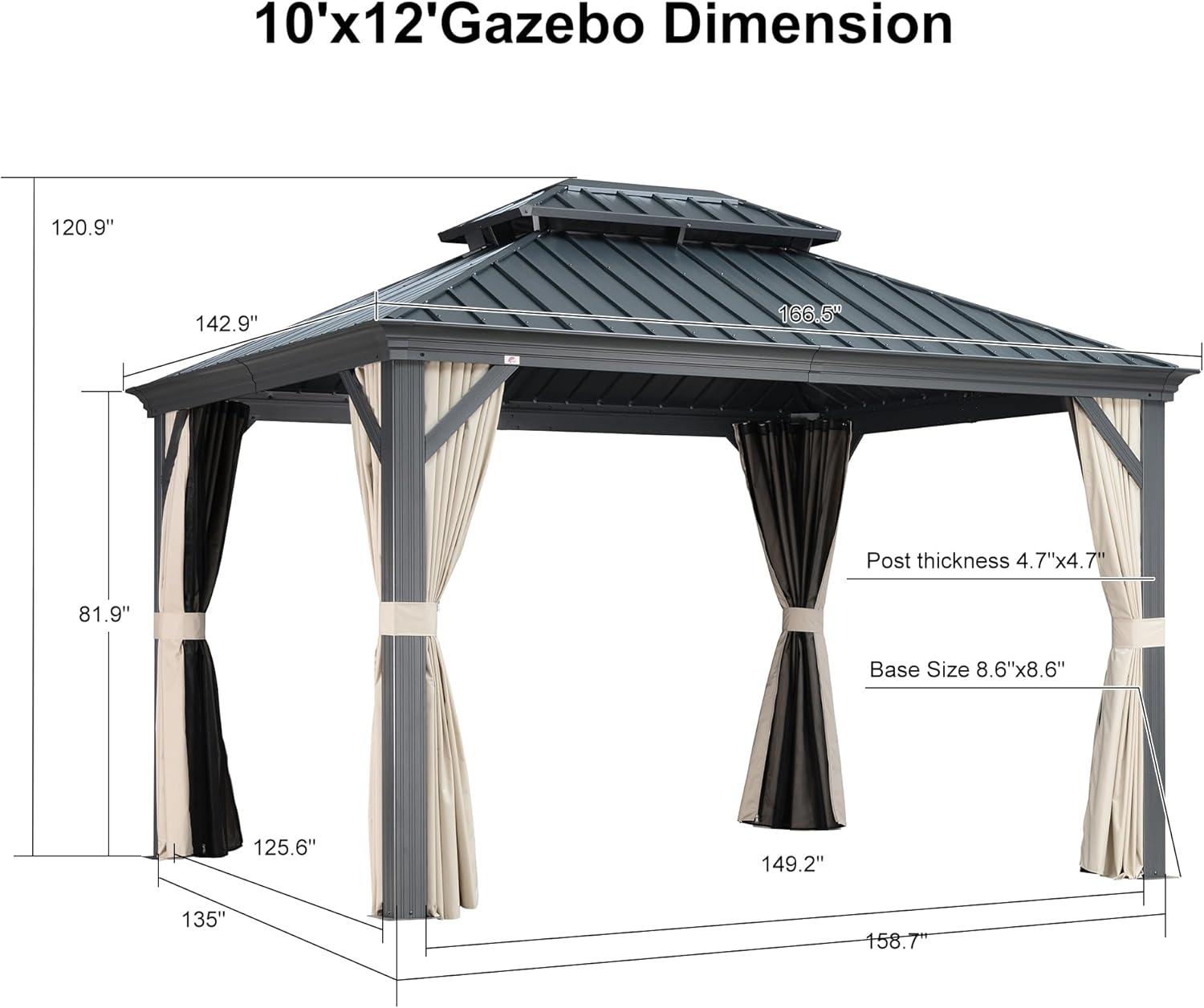 Beige and Gray 10' x 12' Galvanized Steel Hardtop Gazebo with Curtains