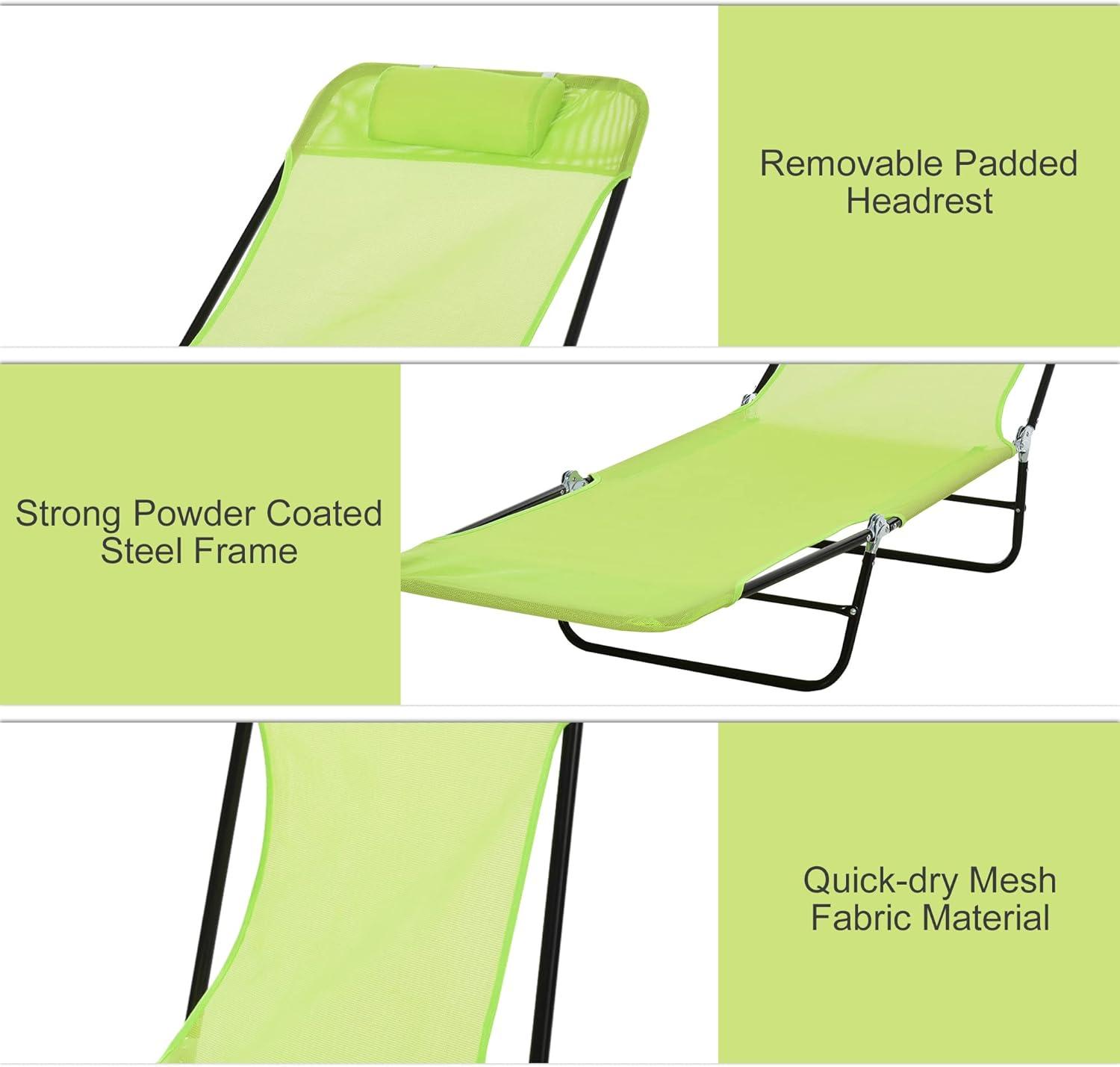 Outsunny Foldable Outdoor Chaise Lounge Chair, 5-Level Reclining Camping Tanning Chair with Breathable Mesh Fabric and Headrest, Green