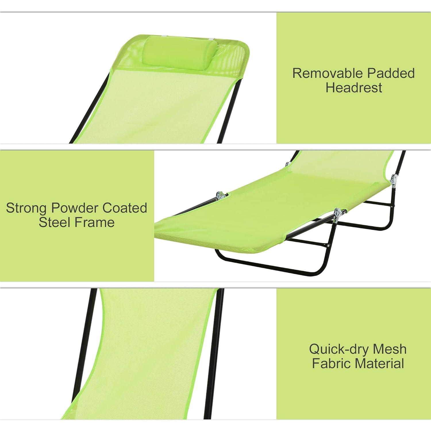 Outsunny Foldable Outdoor Chaise Lounge Chair, 5-Level Reclining Camping Tanning Chair with Breathable Mesh Fabric and Headrest, Green