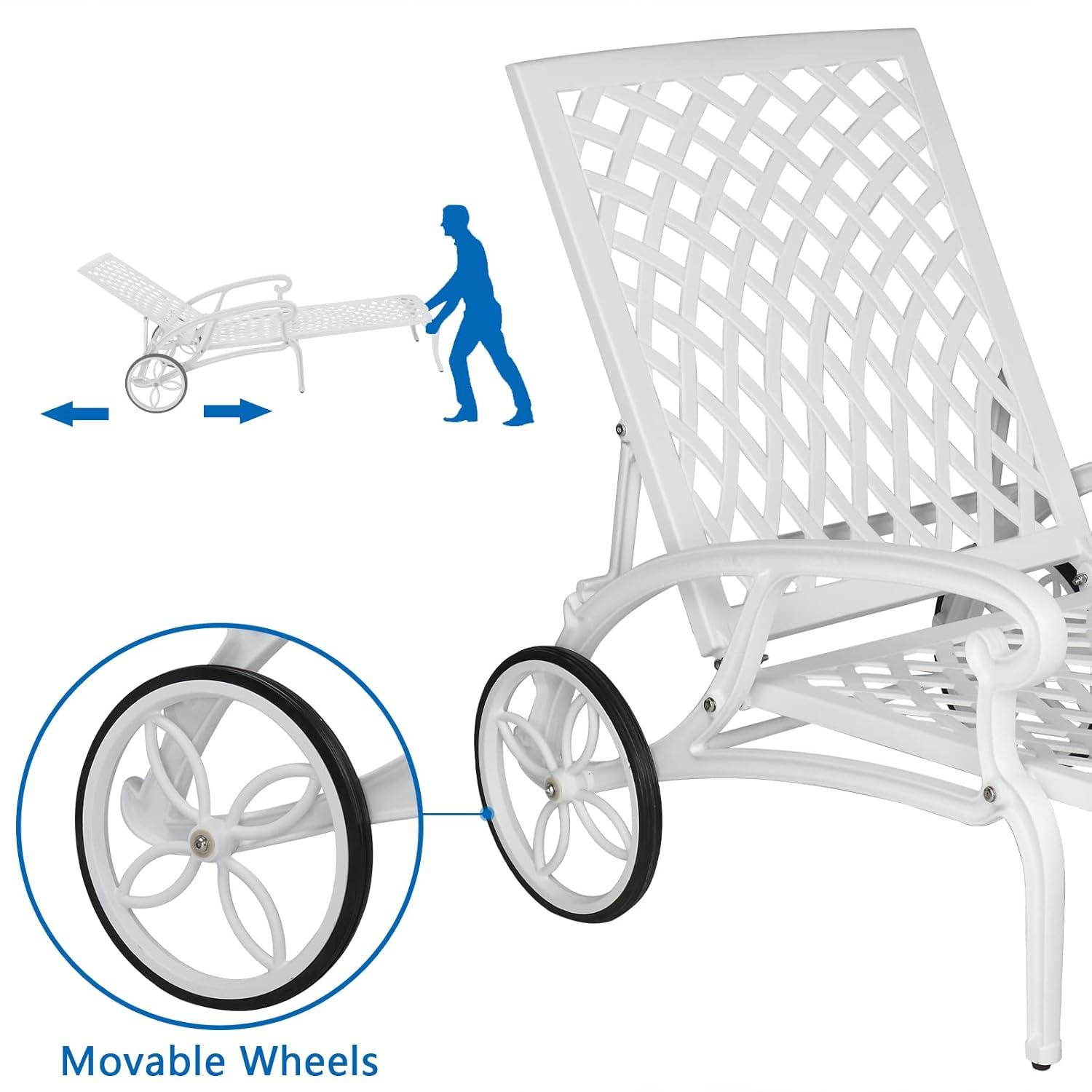 Black Cast Aluminum Metal Outdoor Chaise Lounge with Wheels and 3-Position Adjustable Backrest for Patio, Pool