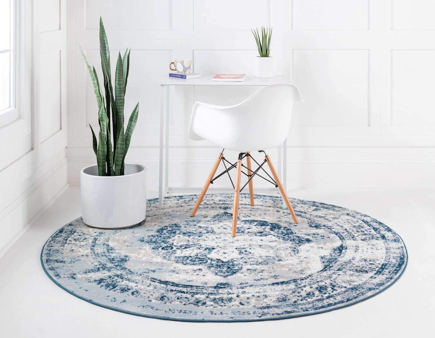 Reversible Round Blue and Light Blue Medallion Synthetic Rug