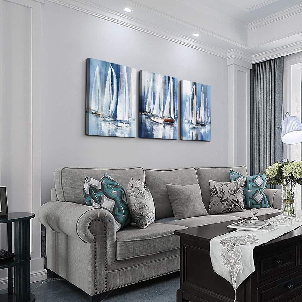 Three-Piece Blue and White Abstract Sailboat Canvas Art