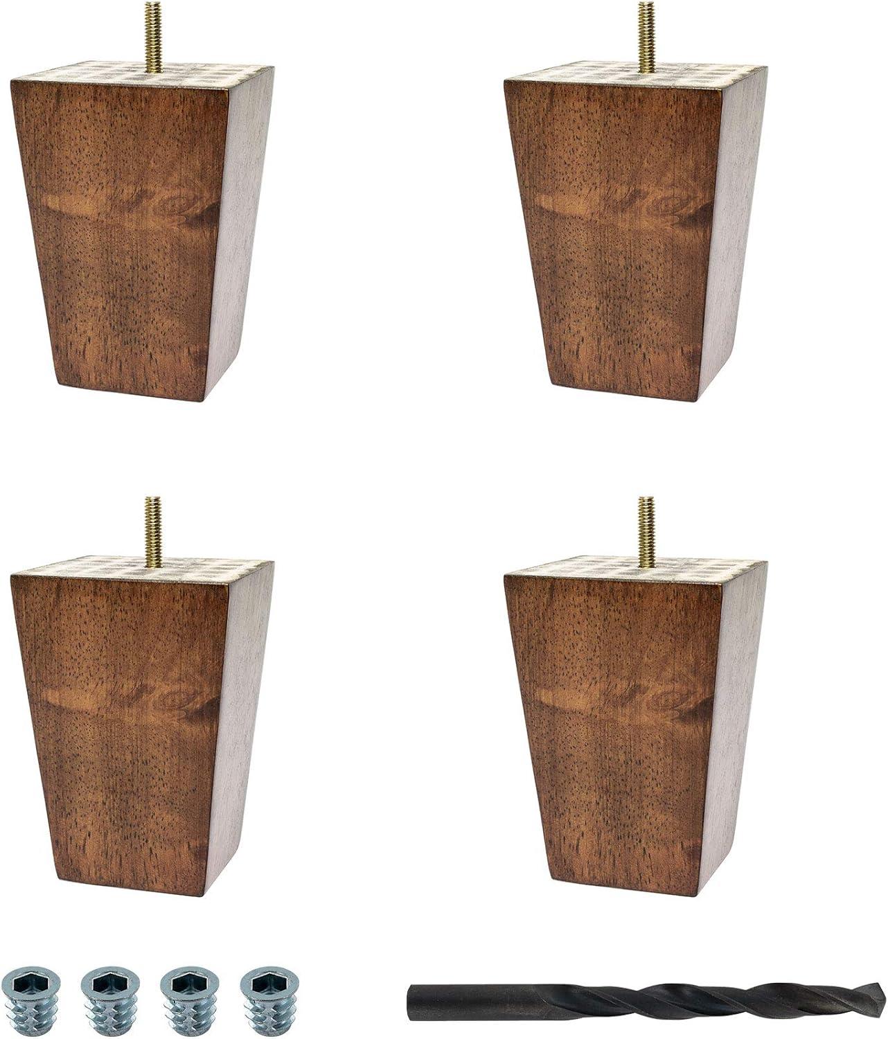 5 in. x 3-3/4 in. Stained Cherry Solid Hardwood Square Bun Foot | 4 Pack with 4 Free Insert Nuts and Drill Bit