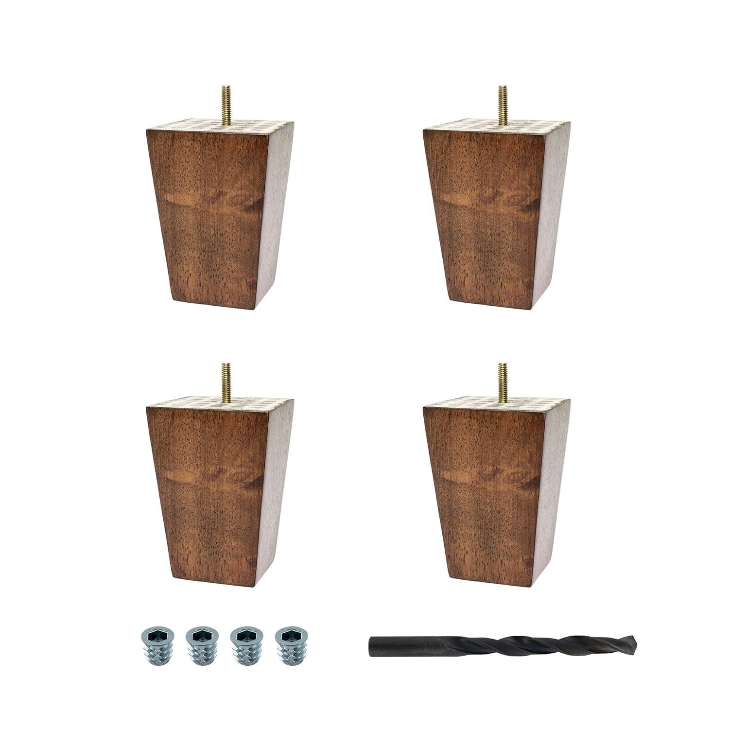 5 in. x 3-3/4 in. Stained Cherry Solid Hardwood Square Bun Foot | 4 Pack with 4 Free Insert Nuts and Drill Bit