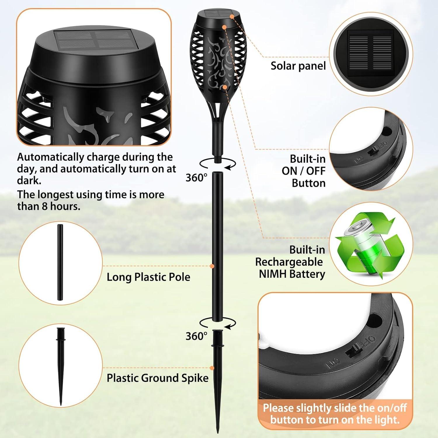 Black Solar LED Tiki Torches with Flickering Flame, 4-Pack